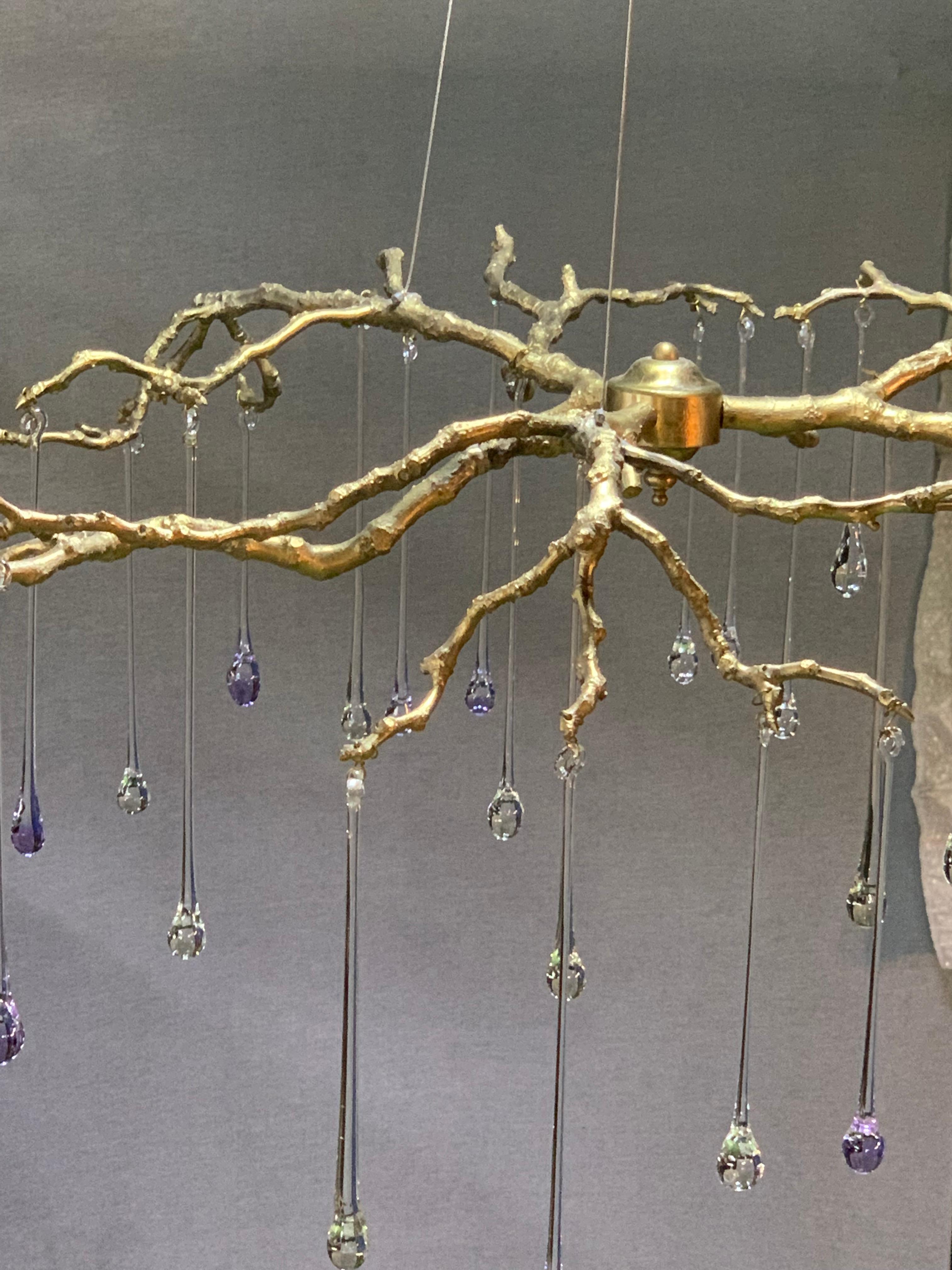 Modern New Chandelier Pendant Lamp in Brass with Art Glass Drops