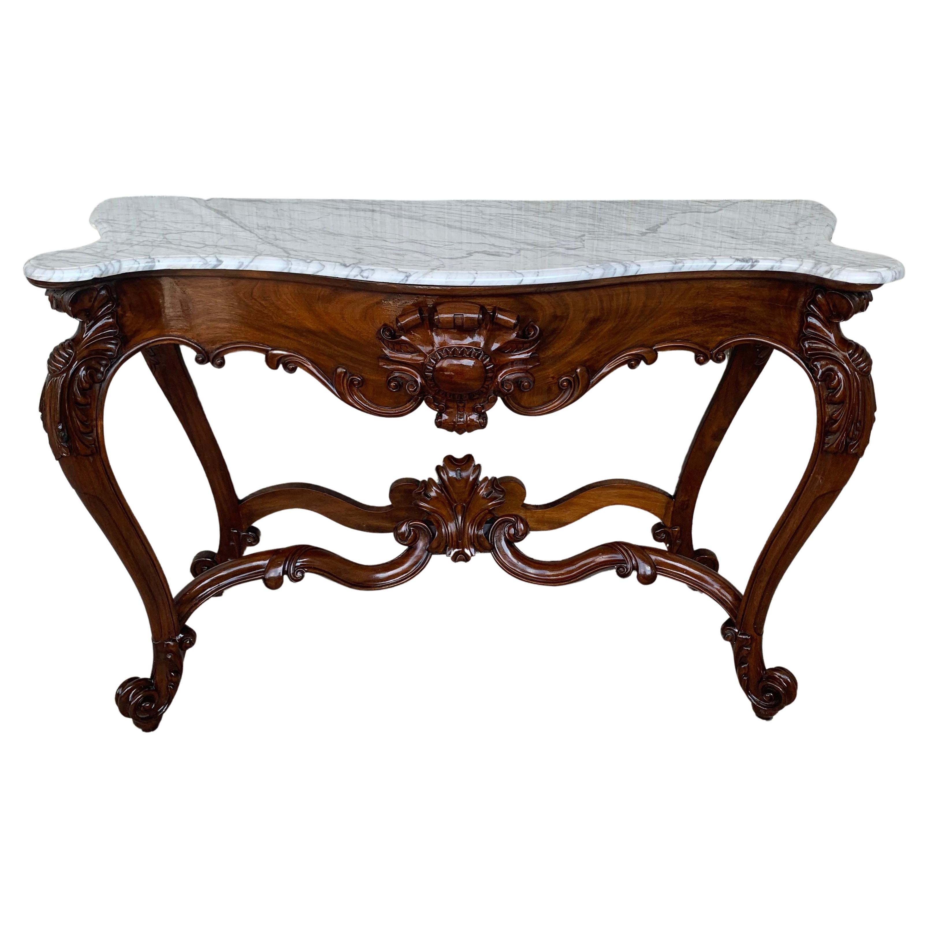  Large French Regency Carved Walnut Console Table with White Marble Top