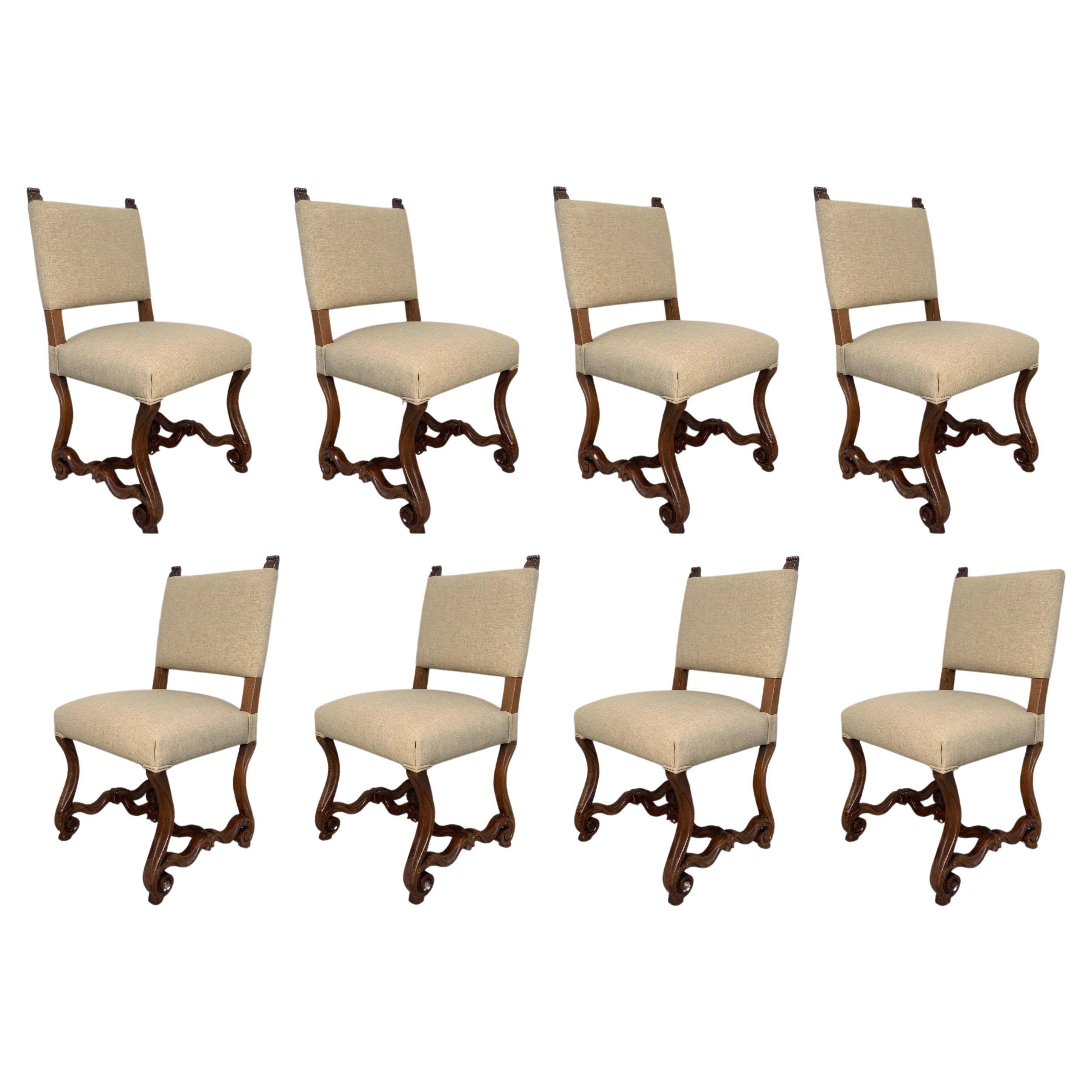 Set of  Eight Spanish Carved Walnut Dining Chairs For Sale