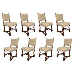 Set of  Eight Spanish Carved Walnut Dining Chairs