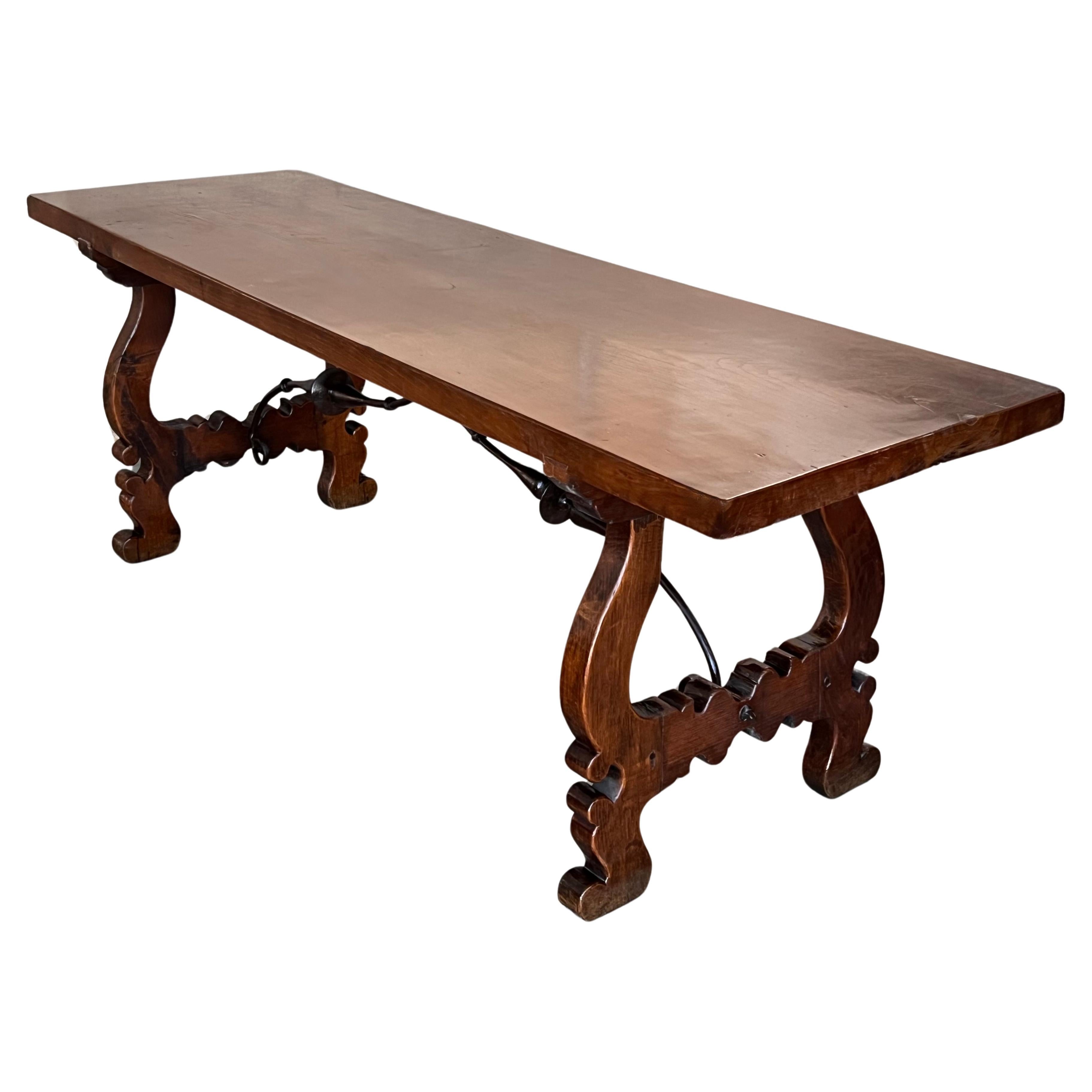 18th Dining or Console Table of Walnut with Lyre Legs and Heavy Top, Spain