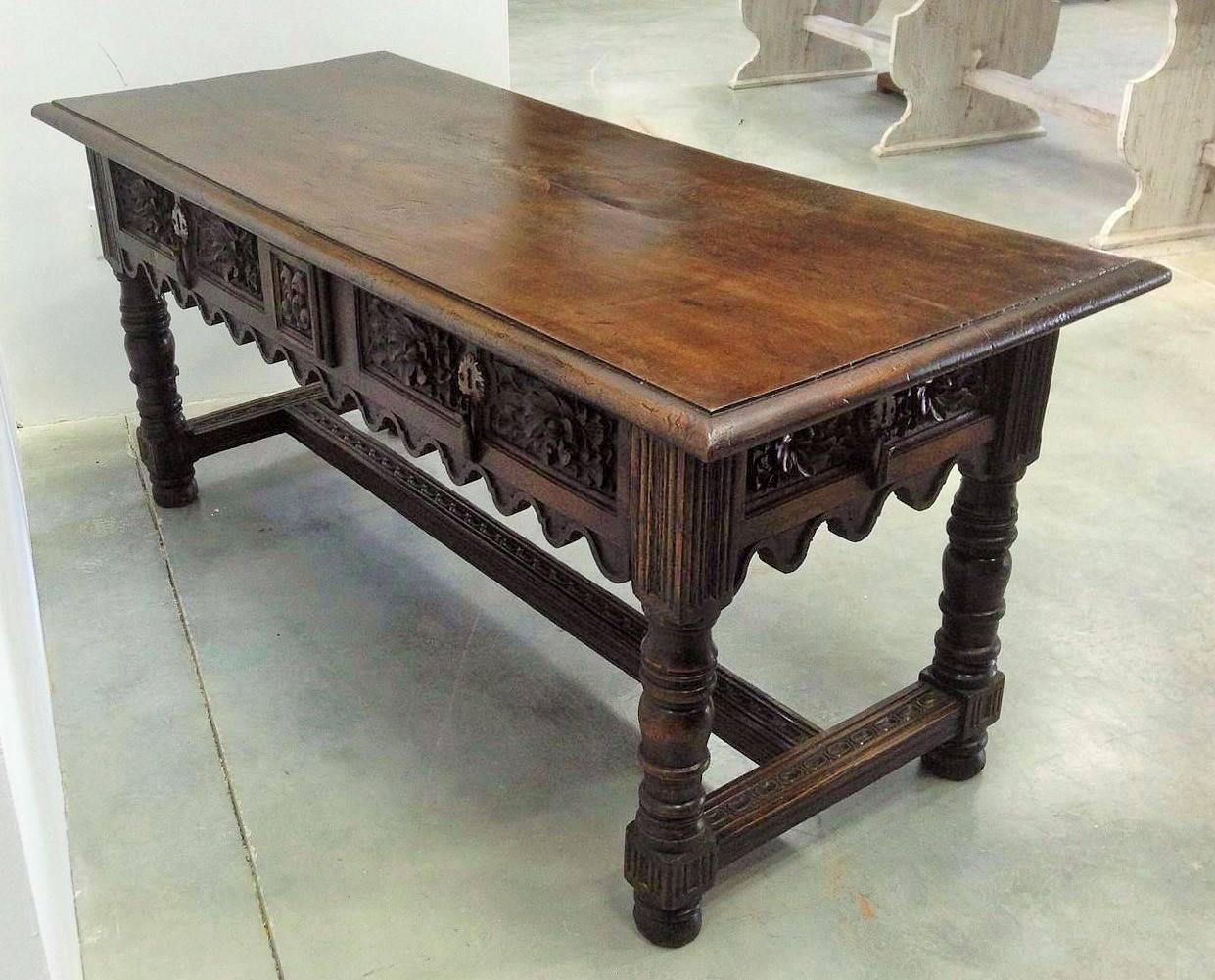 17th Century Spanish Baroque Carved Walnut, Refectory Console Table 1