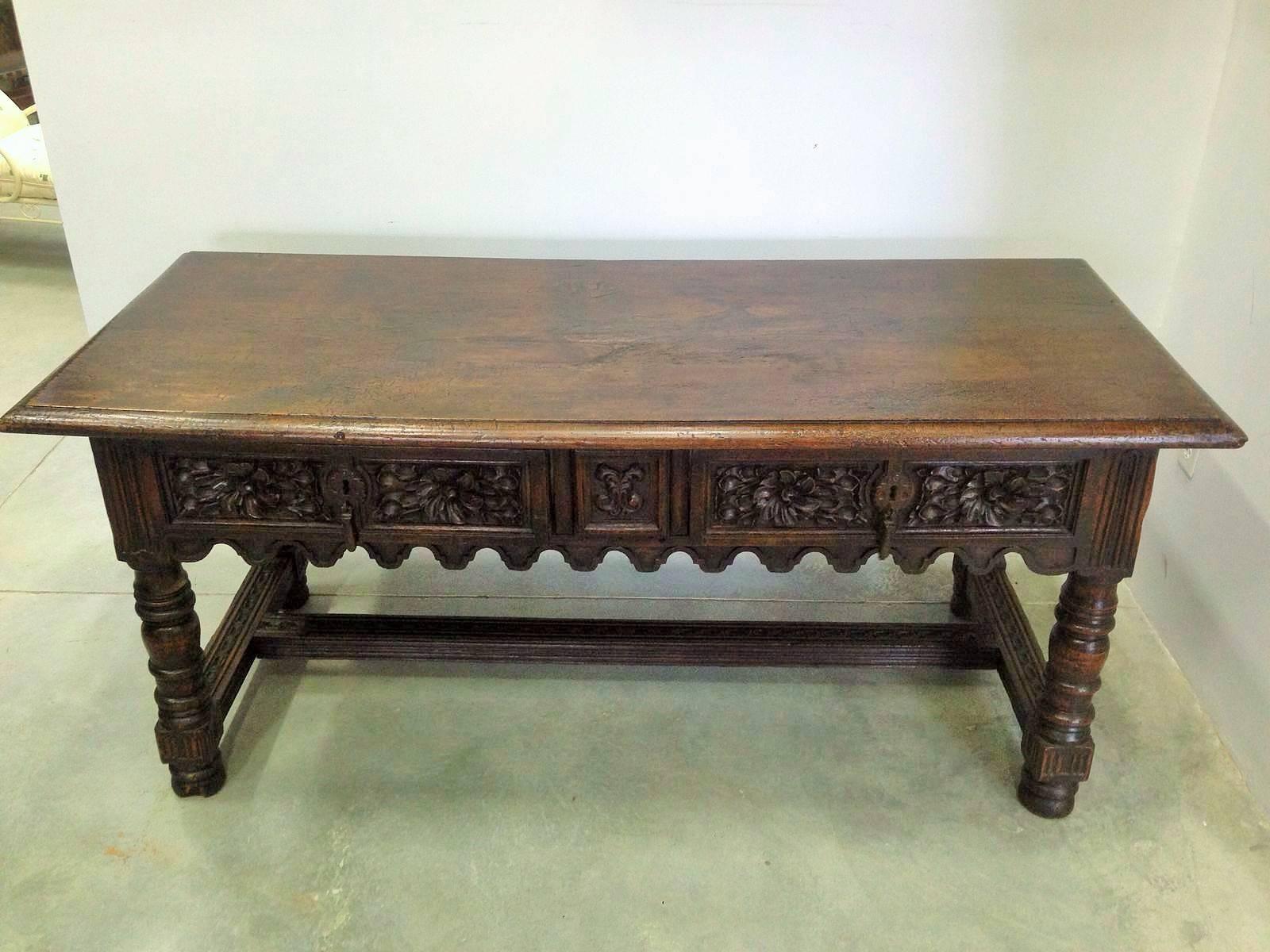 17th Century Spanish Baroque Carved Walnut, Refectory Console Table 2