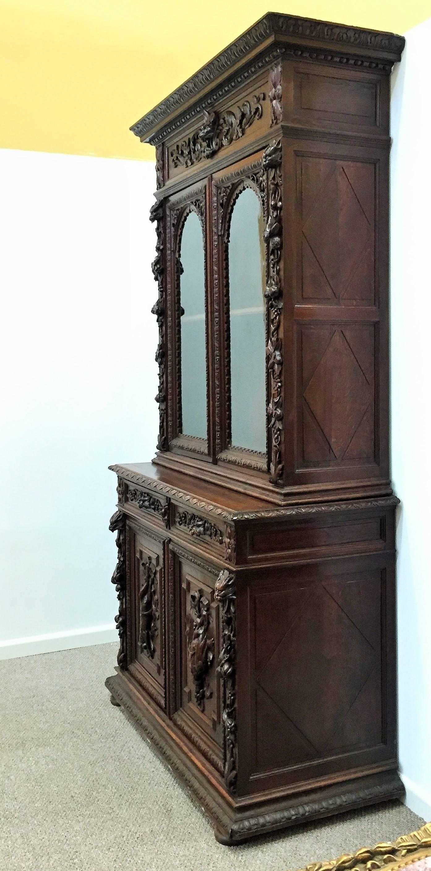 French Flemish Buffet a Deux Corps in Carved Oak, circa 1850 For Sale