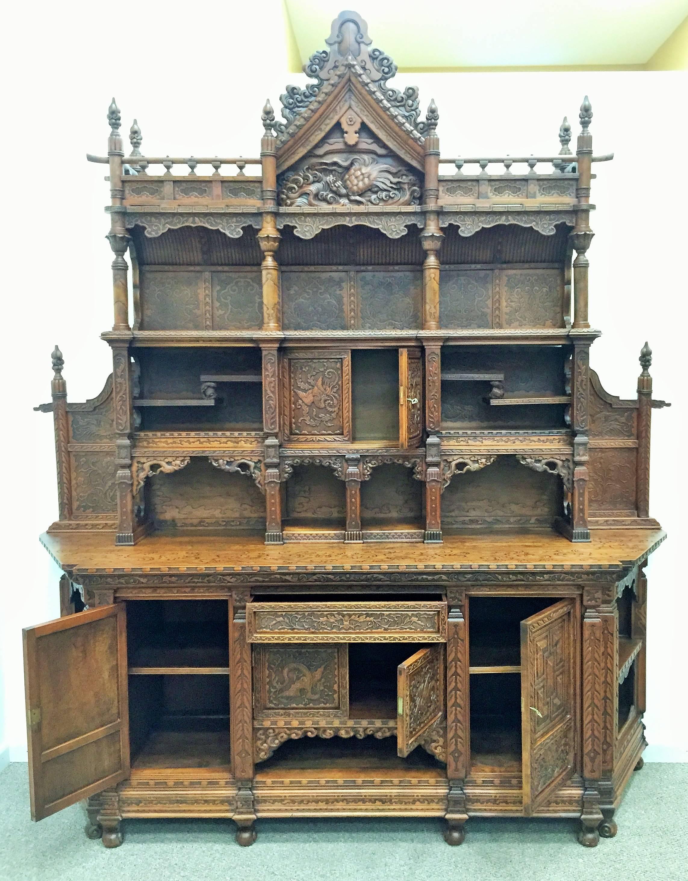 Japanese Antique Japanesse Hand-Carved Elmwood Cabinet, Sideboard, Meiji, 20th Century For Sale