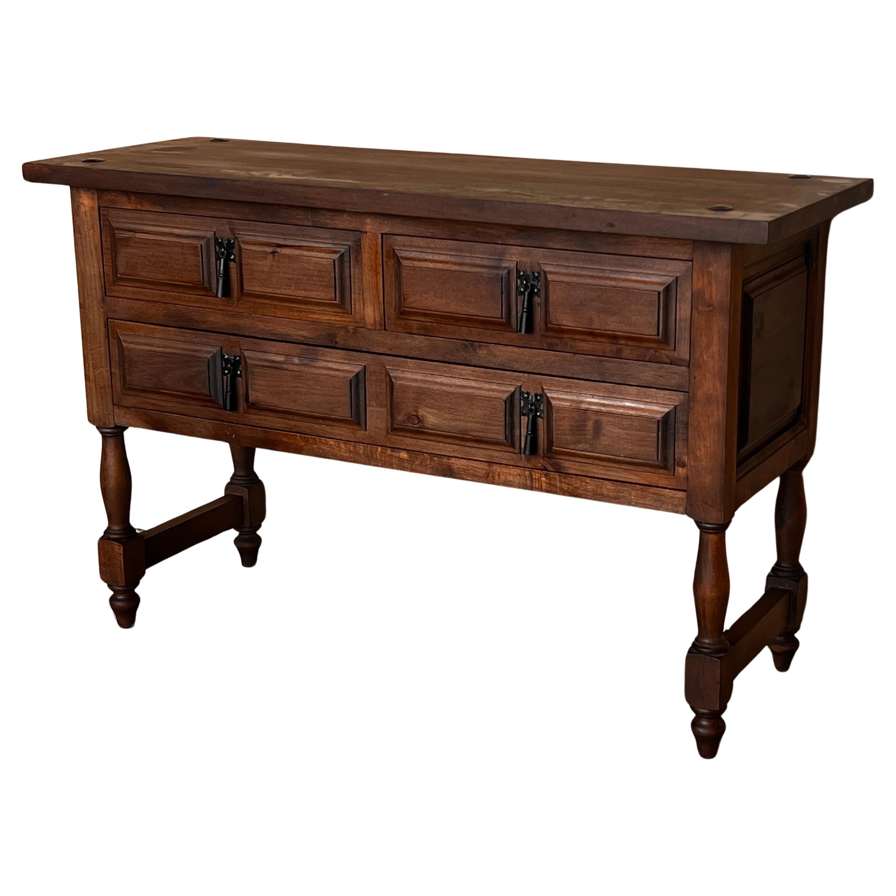 19th Century Catalan Spanish Carved Walnut Console Sofa Table, Four Drawers For Sale
