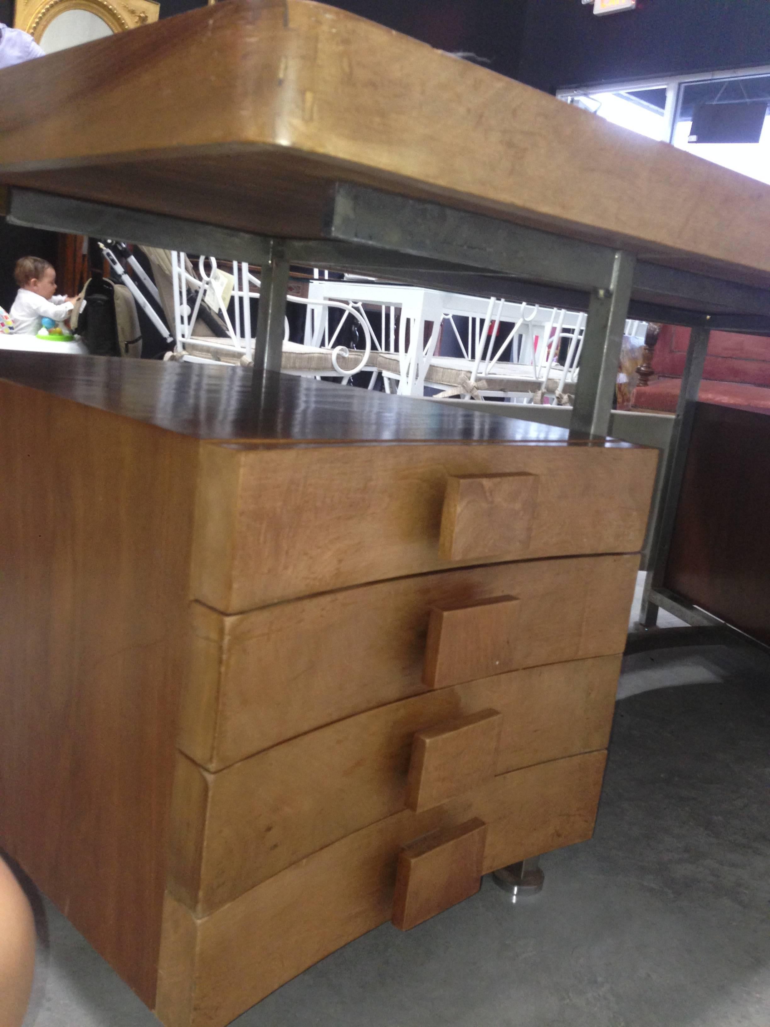 20th Century Upholstered Mid-Century Boomerang Modern Wood Desk