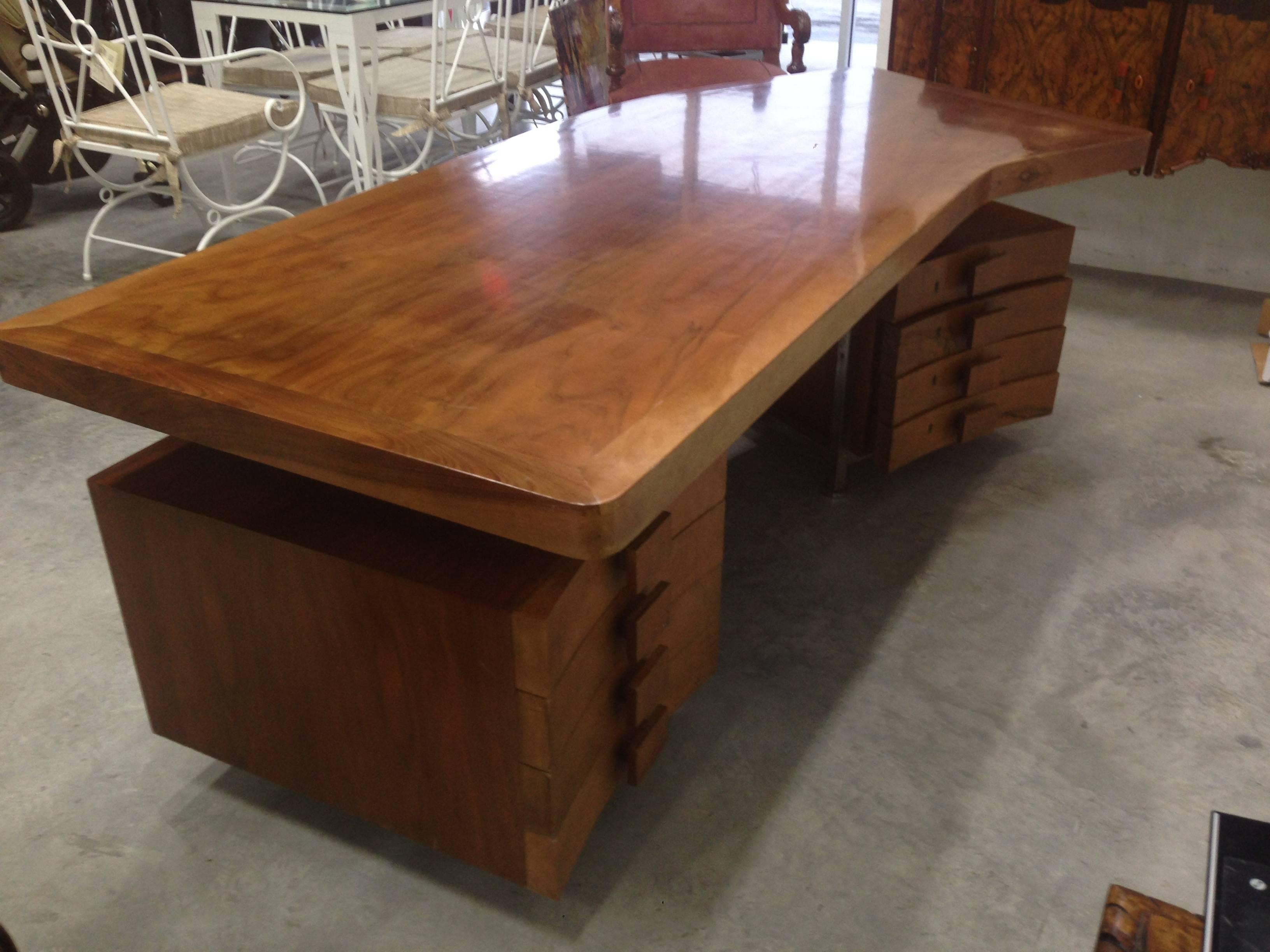 Upholstered Mid-Century Boomerang Modern Wood Desk In Distressed Condition In Miami, FL