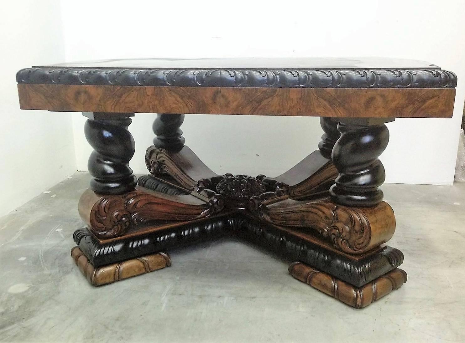 Spanish Art Deco Burl Dining Extension Table in Walnut