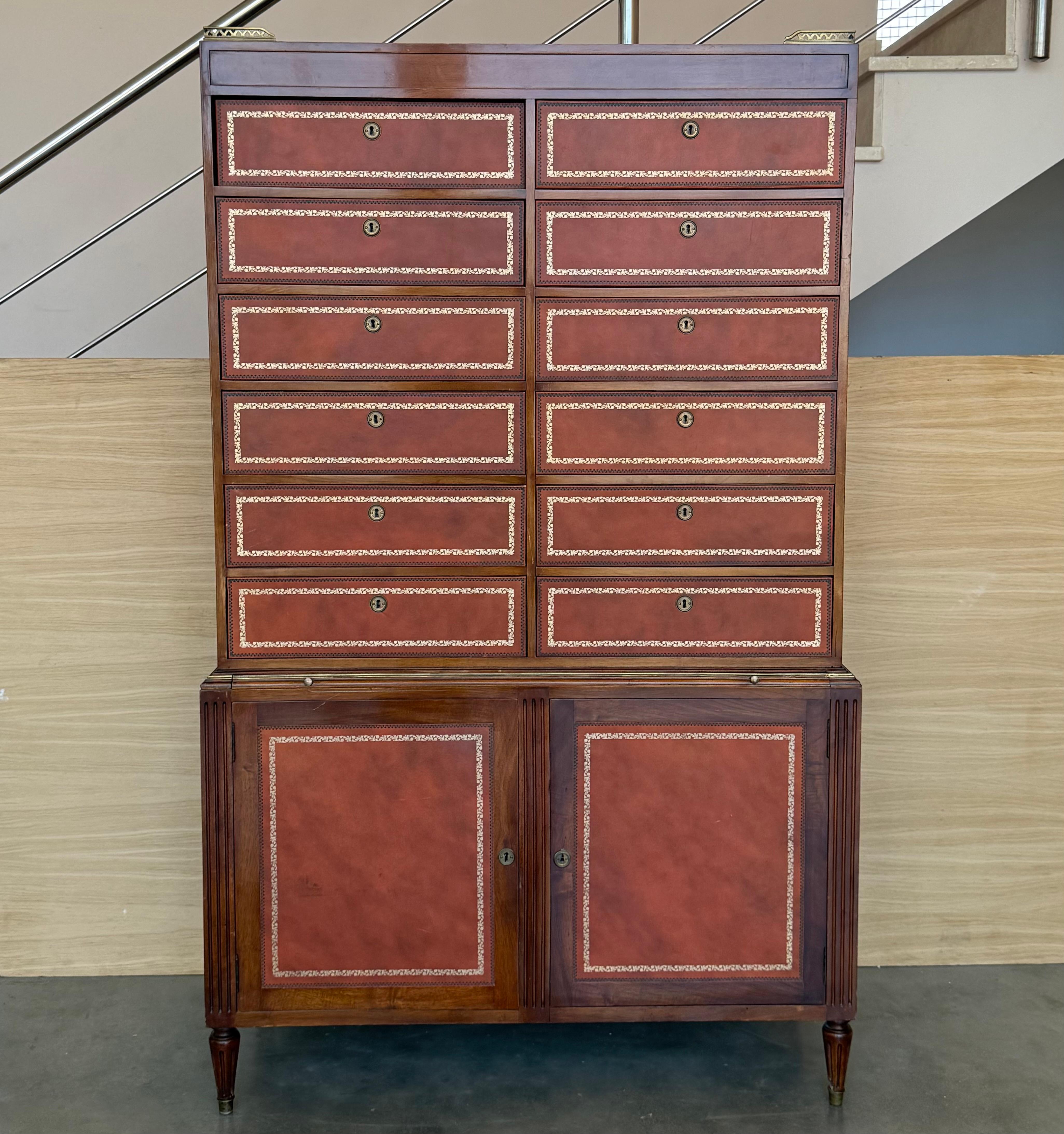 Vintage Chippendale Style Orange Tooled Leather Commode Chest of Drawers, Desk In Good Condition For Sale In Miami, FL