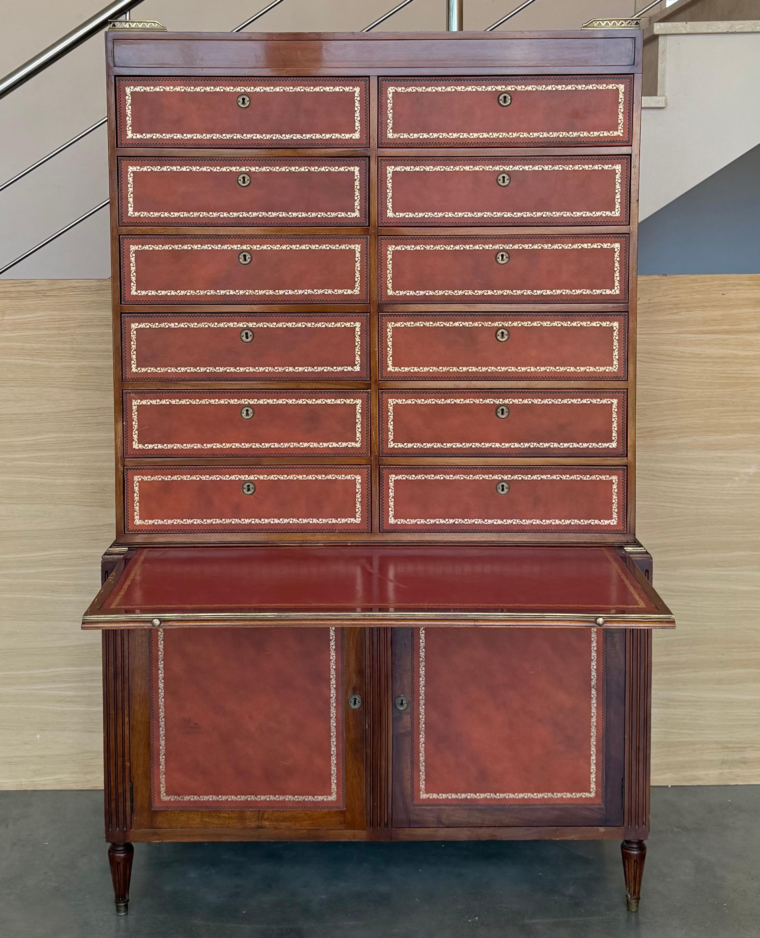 Vintage Chippendale Style Orange Tooled Leather Commode Chest of Drawers, Desk For Sale 1