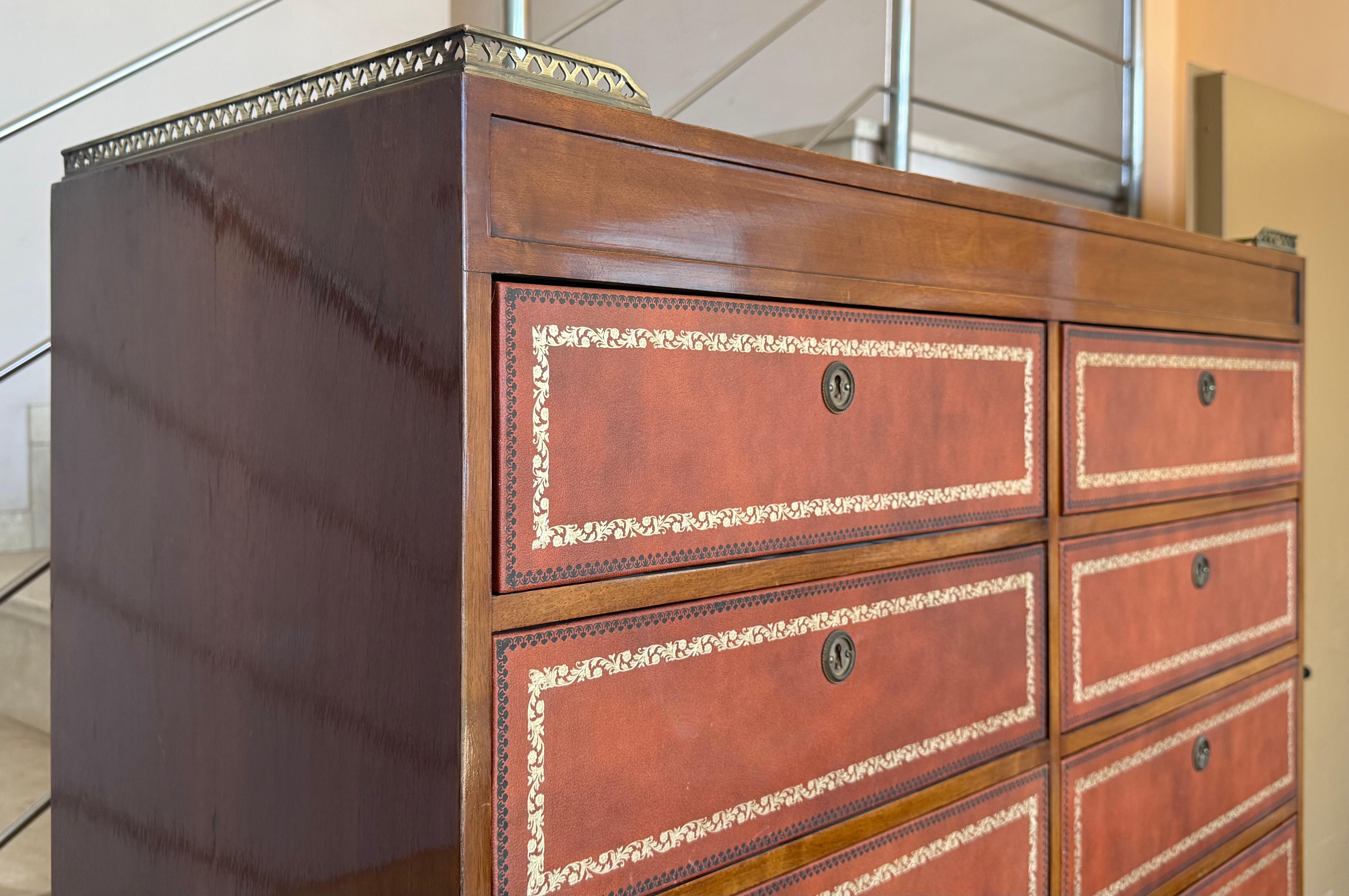 Vintage Chippendale Style Orange Tooled Leather Commode Chest of Drawers, Desk For Sale 6