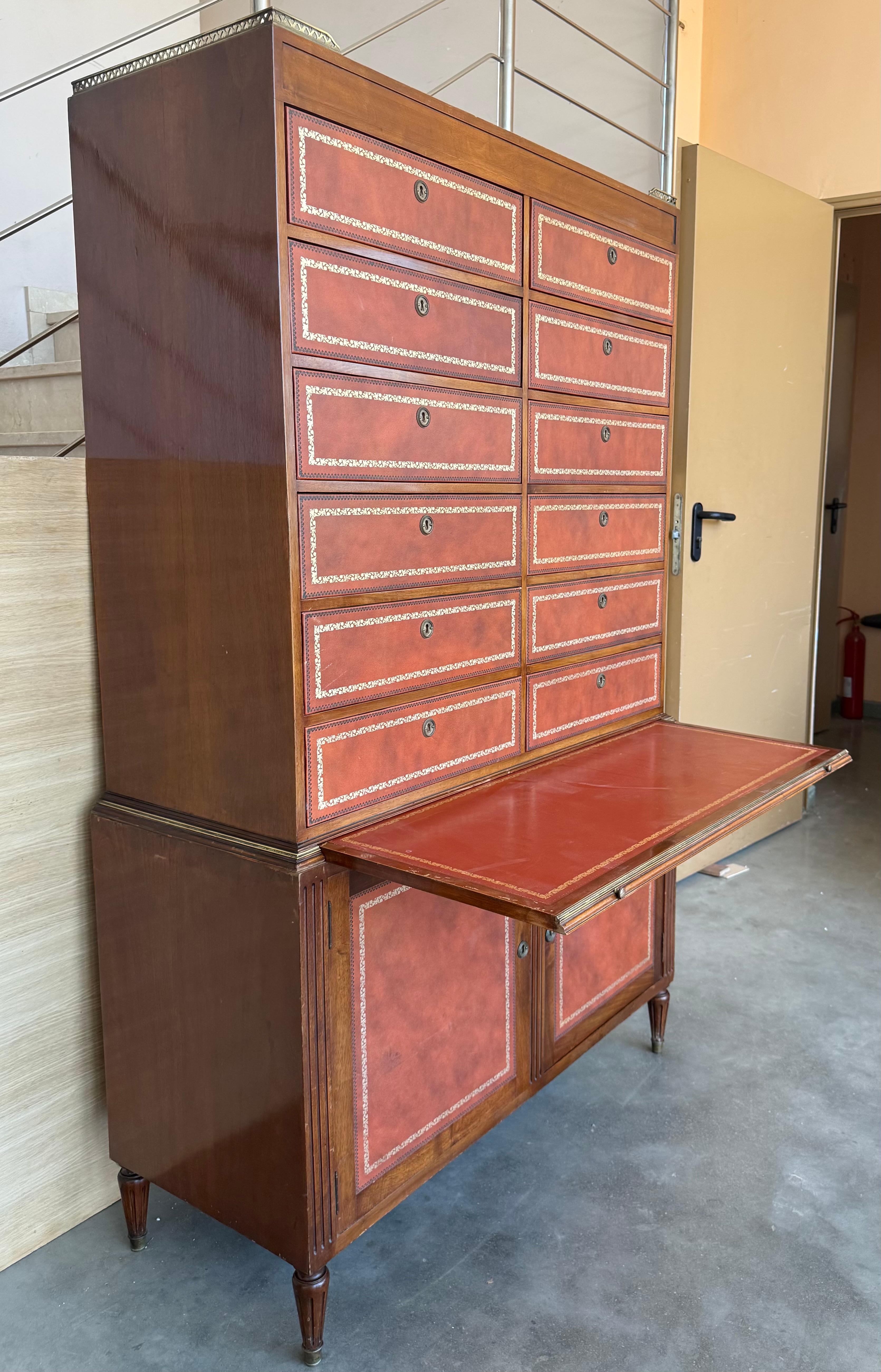 20th Century Vintage Chippendale Style Orange Tooled Leather Commode Chest of Drawers, Desk For Sale
