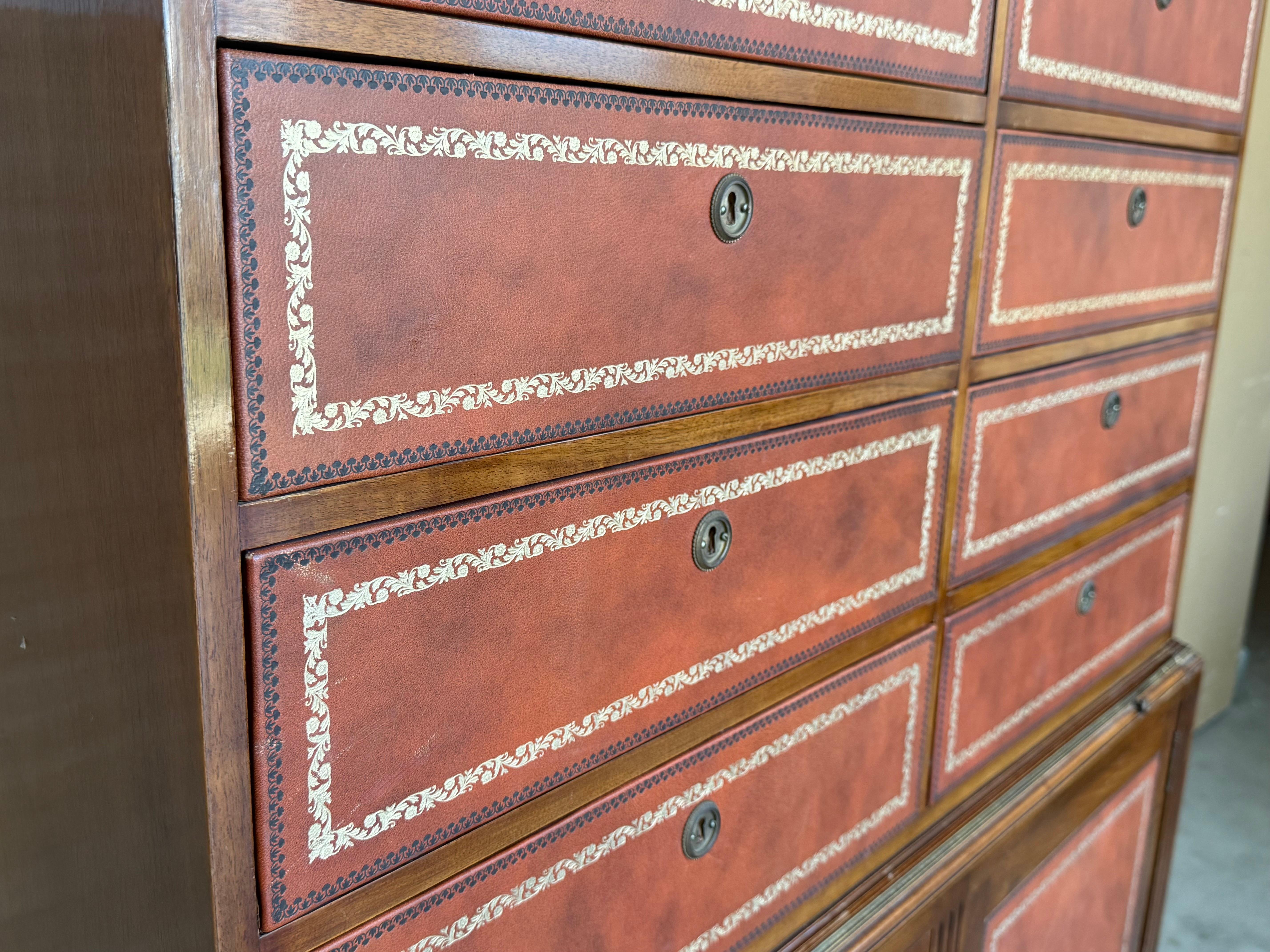 Vintage Chippendale Style Orange Tooled Leather Commode Chest of Drawers, Desk For Sale 7