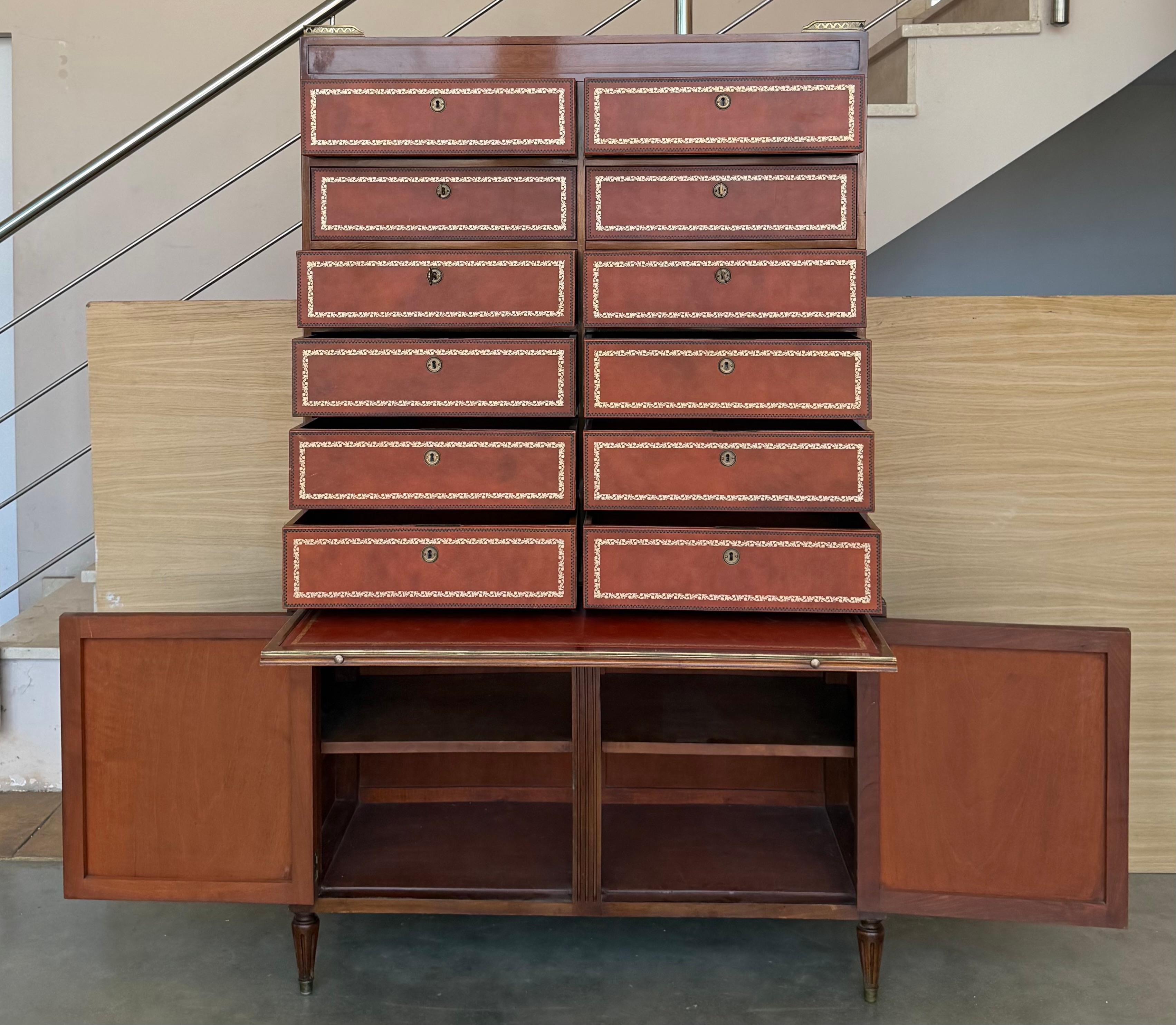 Vintage Chippendale Style Orange Tooled Leather Commode Chest of Drawers, Desk For Sale 4