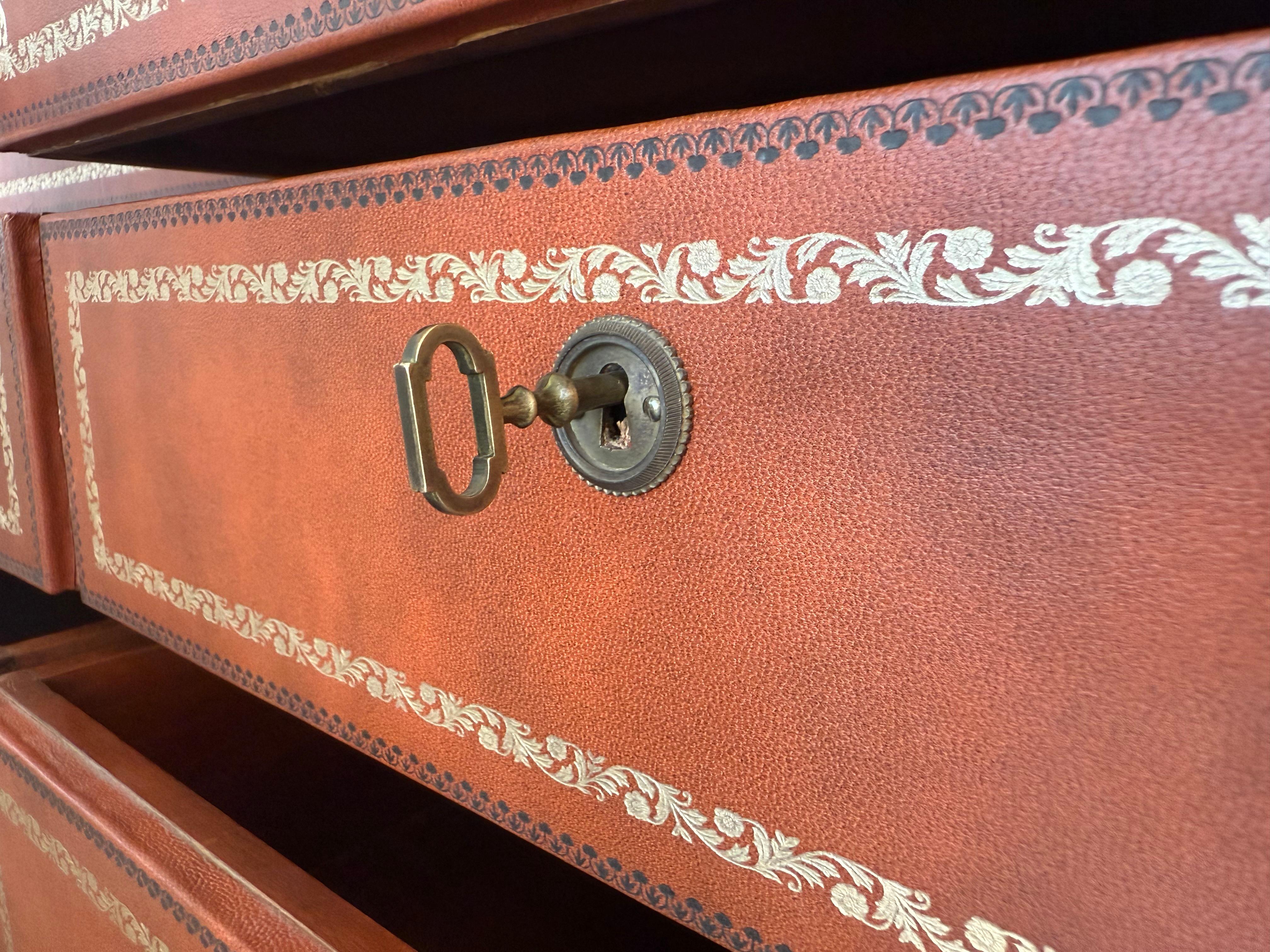 Vintage Chippendale Style Orange Tooled Leather Commode Chest of Drawers, Desk For Sale 10
