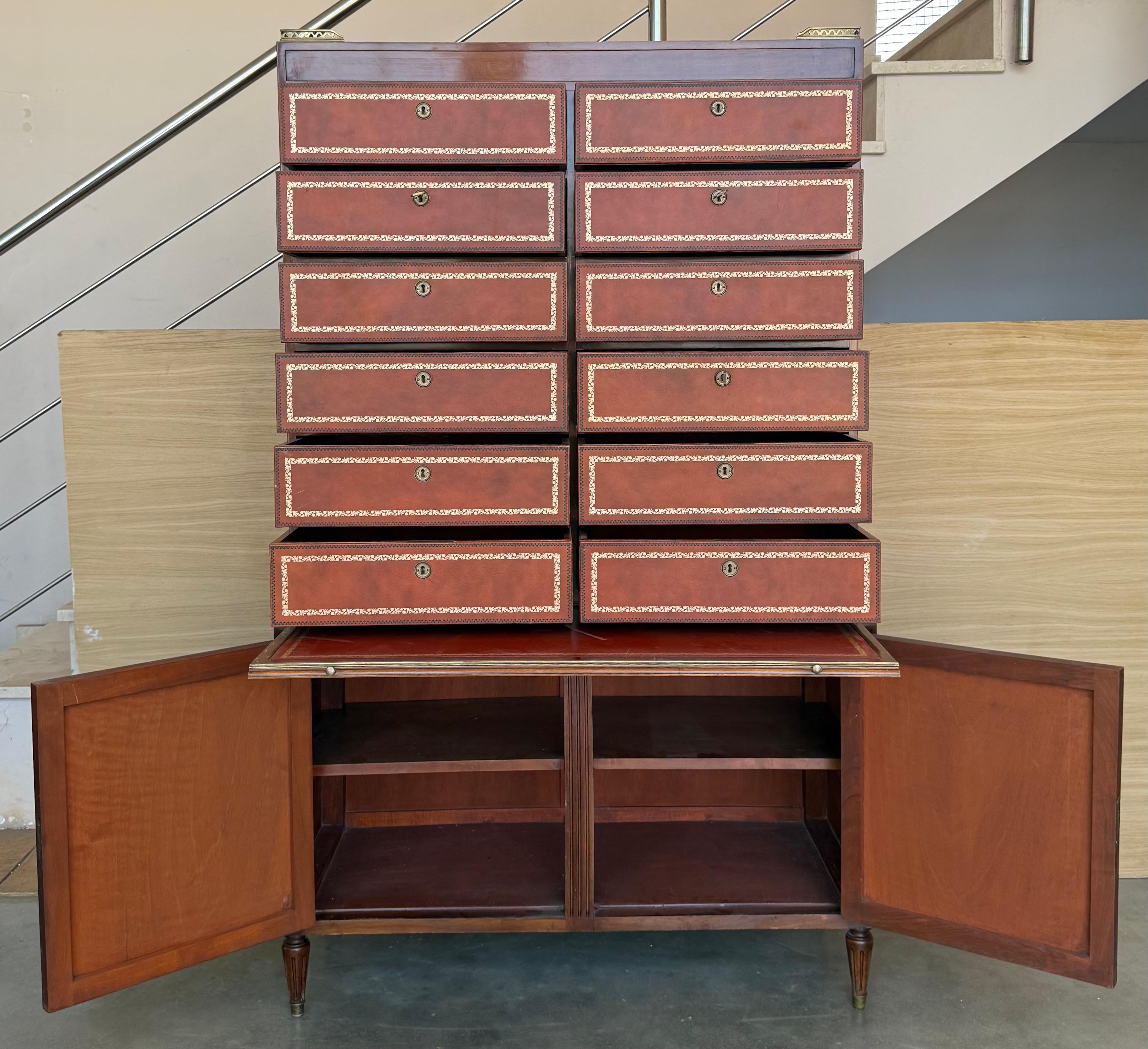 Vintage Chippendale Style Orange Tooled Leather Commode Chest of Drawers, Desk For Sale 2