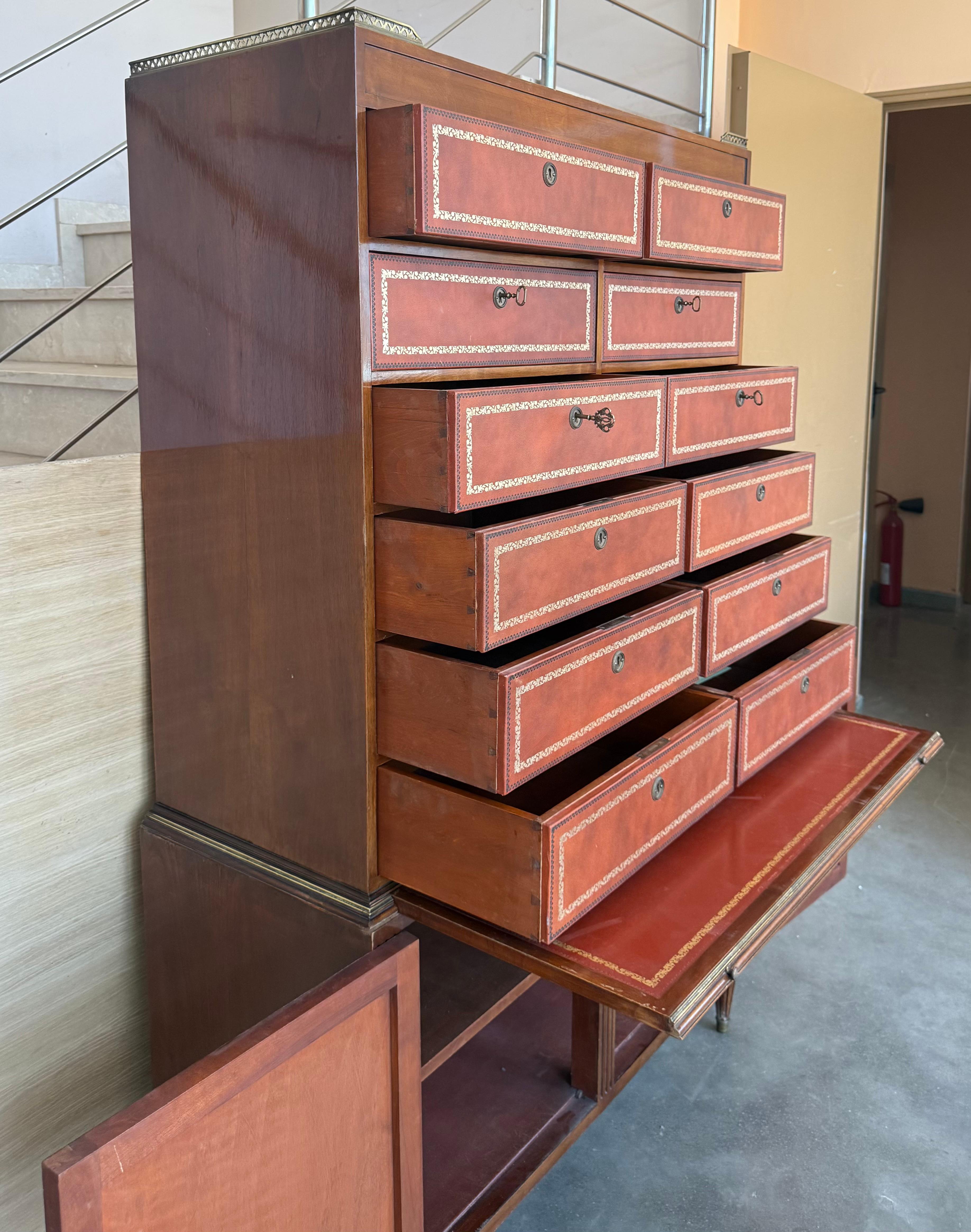 Vintage Chippendale Style Orange Tooled Leather Commode Chest of Drawers, Desk For Sale 9
