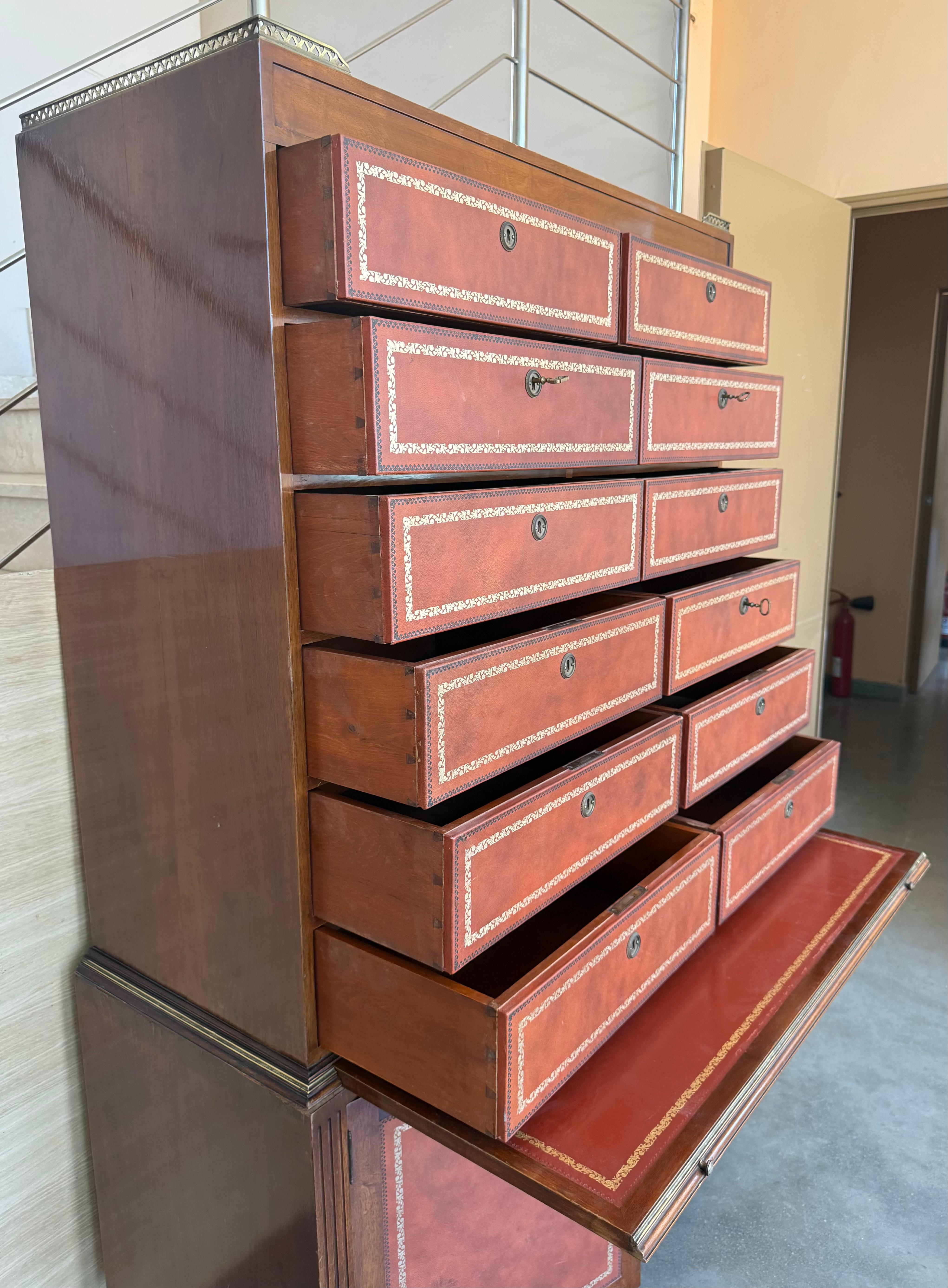 Vintage Chippendale Style Orange Tooled Leather Commode Chest of Drawers, Desk For Sale 5