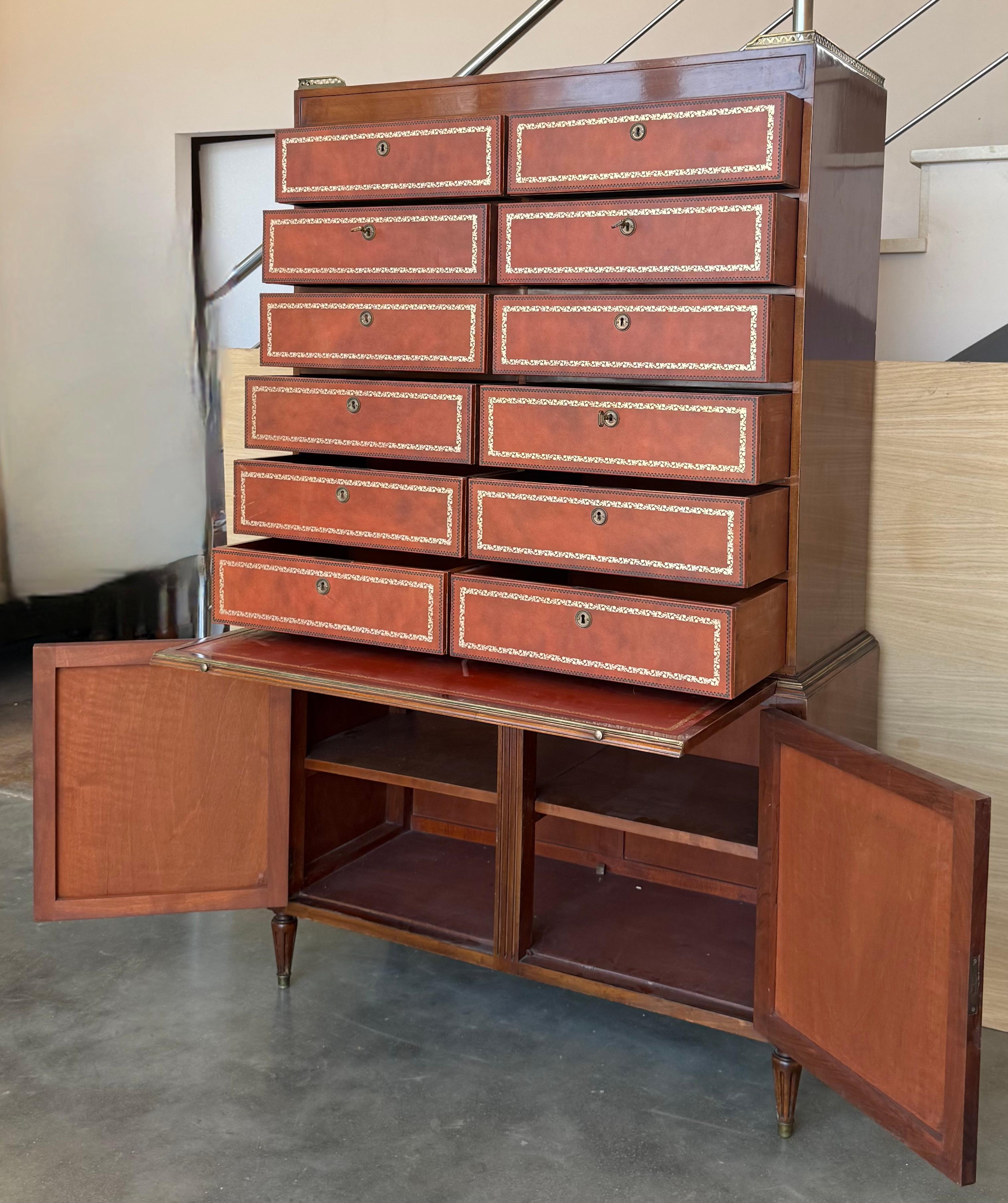 Vintage Chippendale Style Orange Tooled Leather Commode Chest of Drawers, Desk For Sale 3
