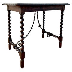 19th Century Spanish Side Table with Cared Turned Legs and Iron Stretcher, 1850