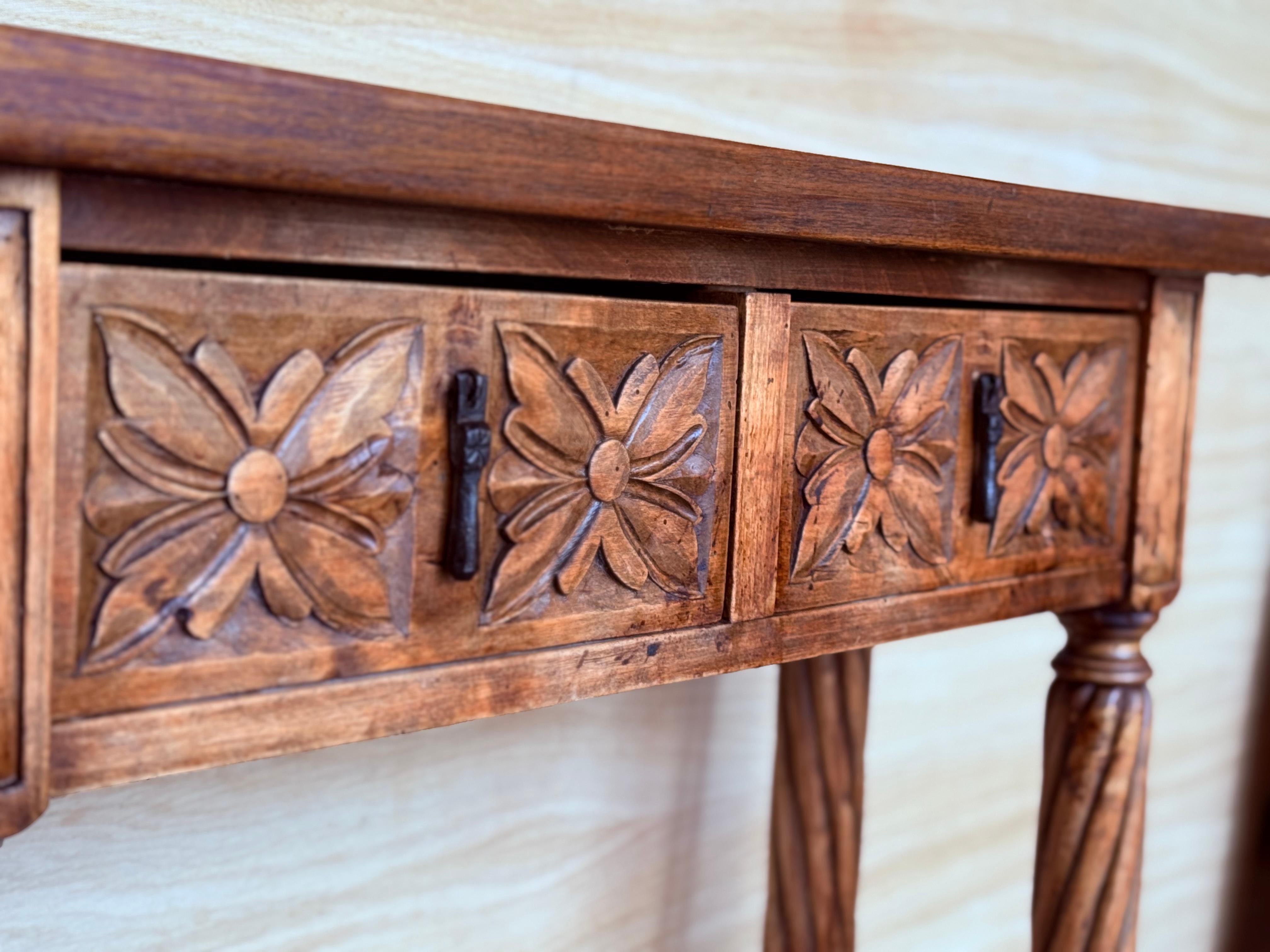 20th Century Early 20th Narrow Catalan Spanish Carved Walnut Console Table with Two Drawers For Sale