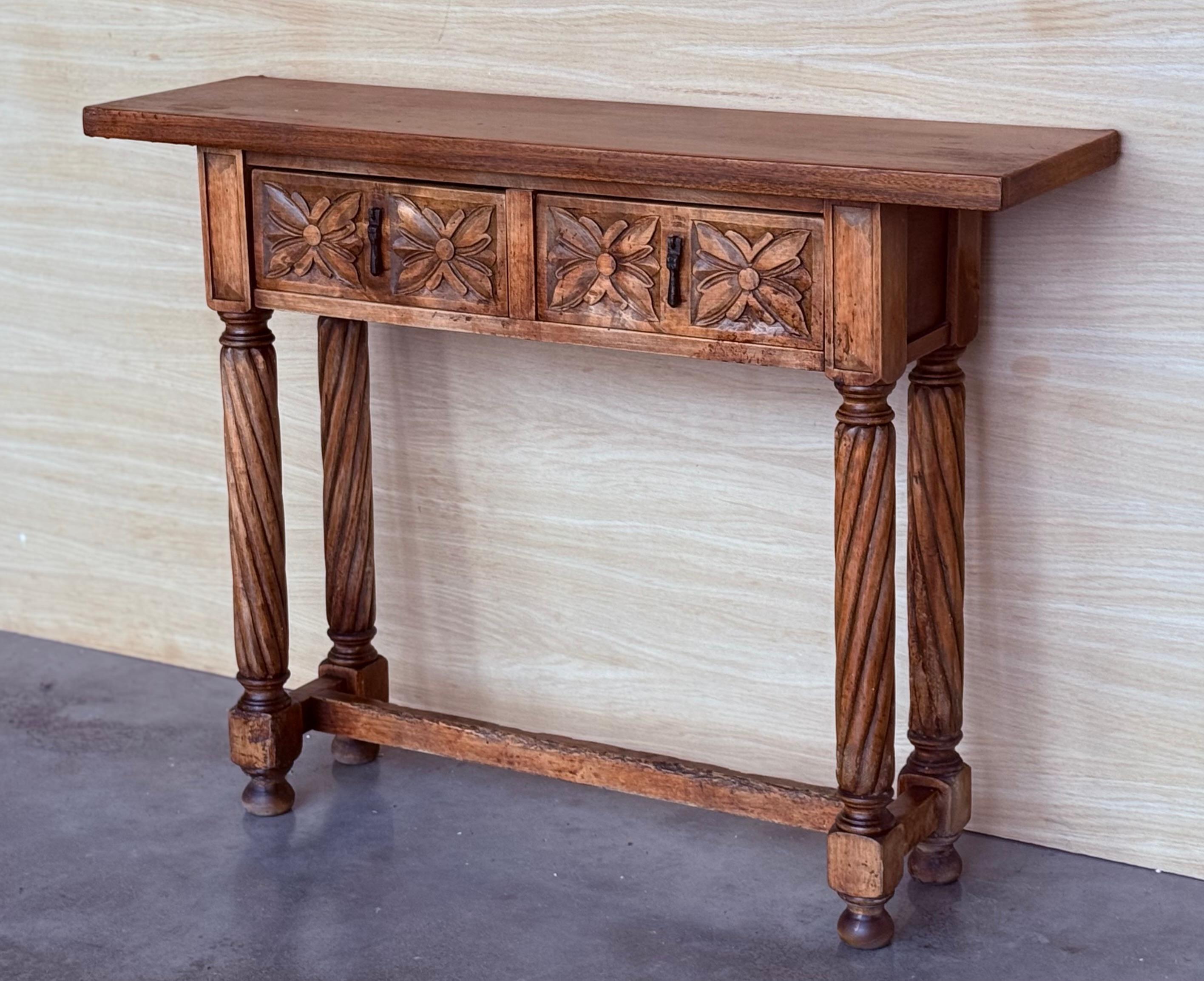 Baroque Early 20th Narrow Catalan Spanish Carved Walnut Console Table with Two Drawers For Sale