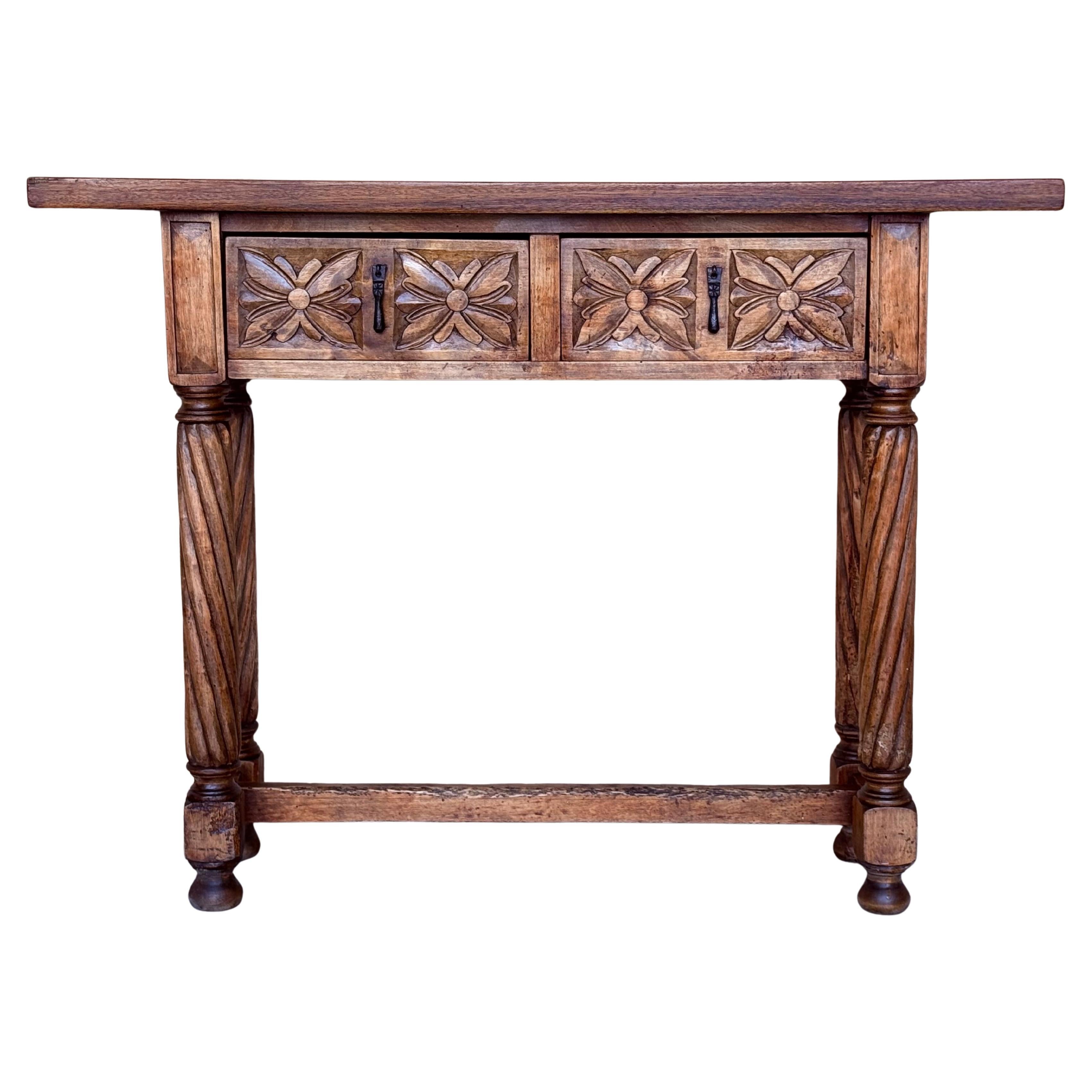Early 20th Narrow Catalan Spanish Carved Walnut Console Table with Two Drawers For Sale