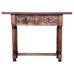 Early 20th Narrow Catalan Spanish Carved Walnut Console Table with Two Drawers