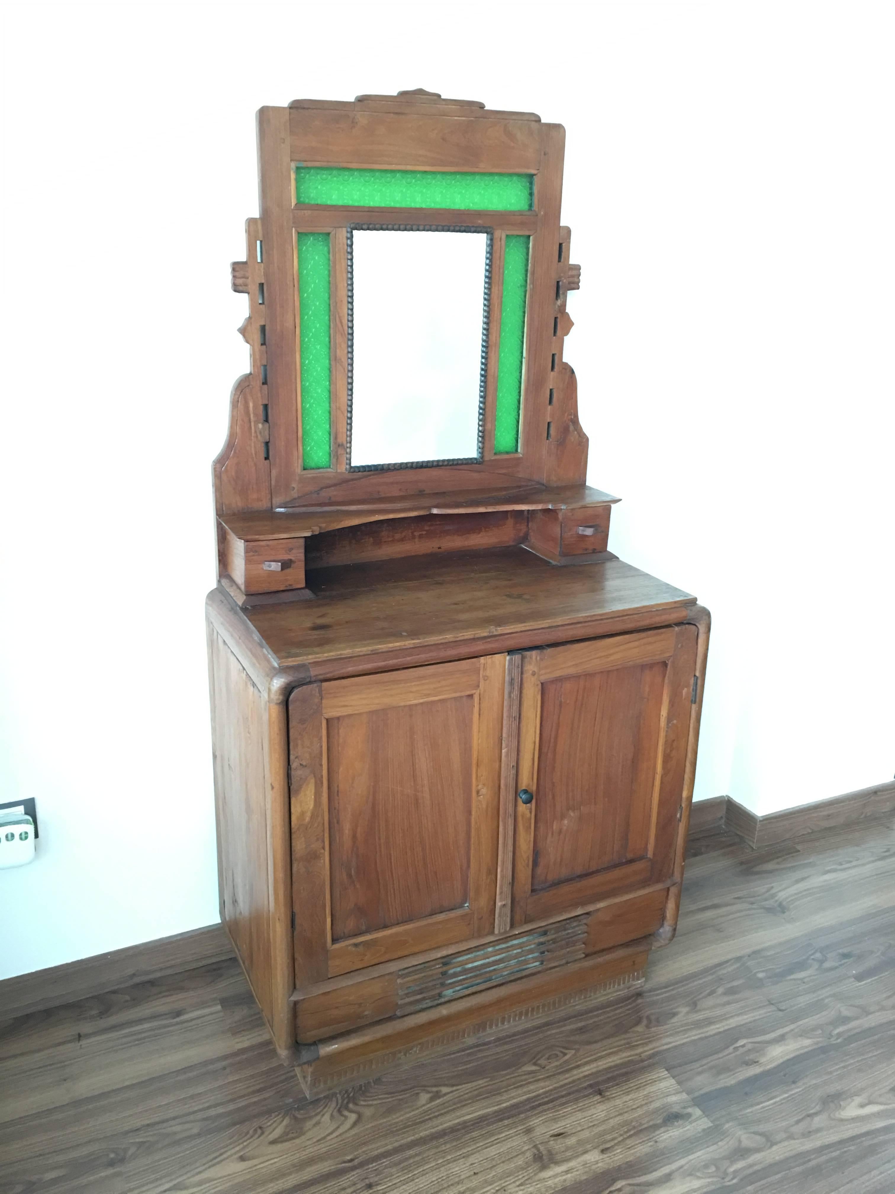 20th Century Oak Sideboard, Buffet with Mirror and Original Green Glass For Sale