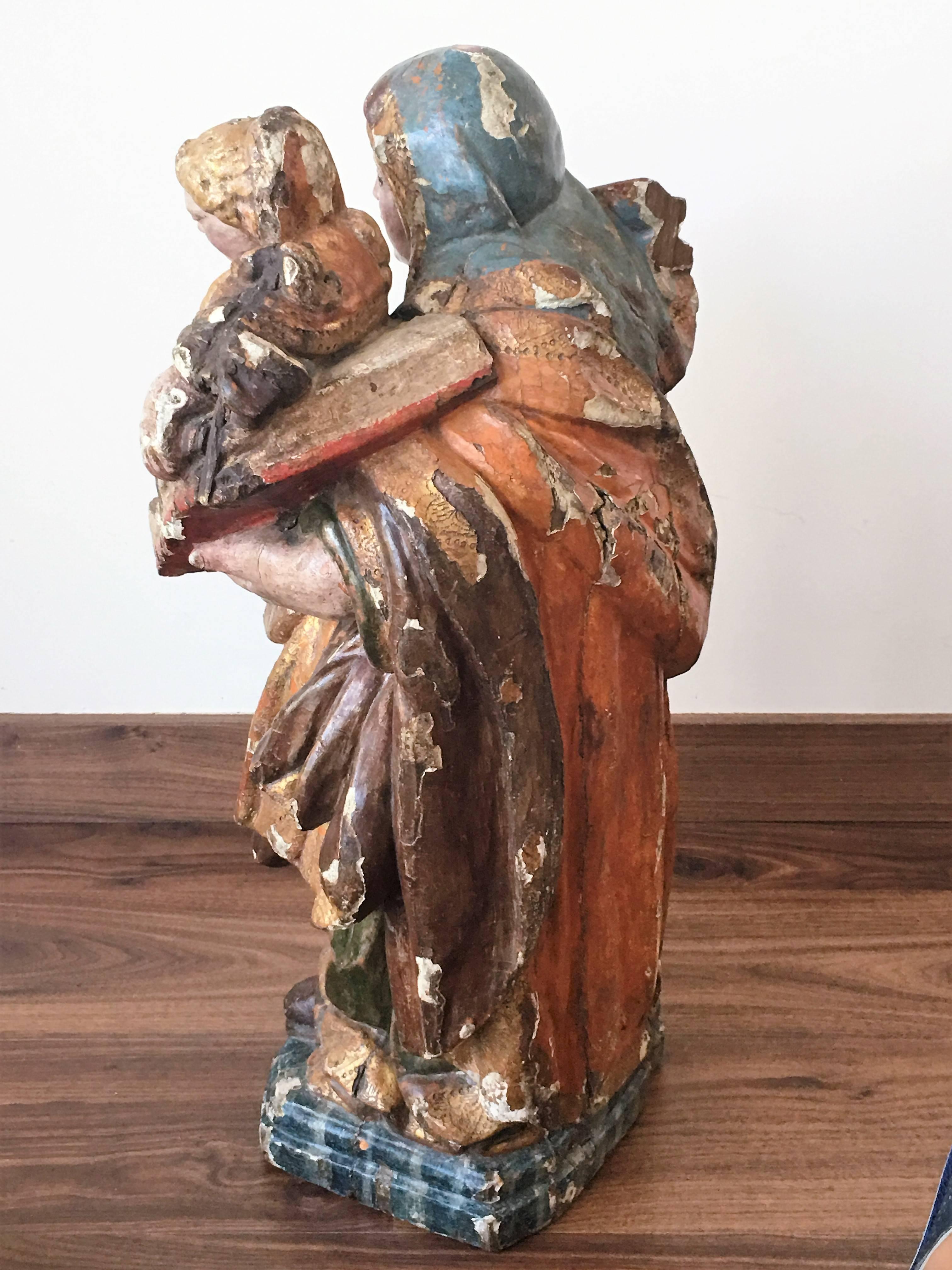 Baroque 16th Century Spanish Carved & Polychrome Painted Saint Anne with the Infant Mary For Sale