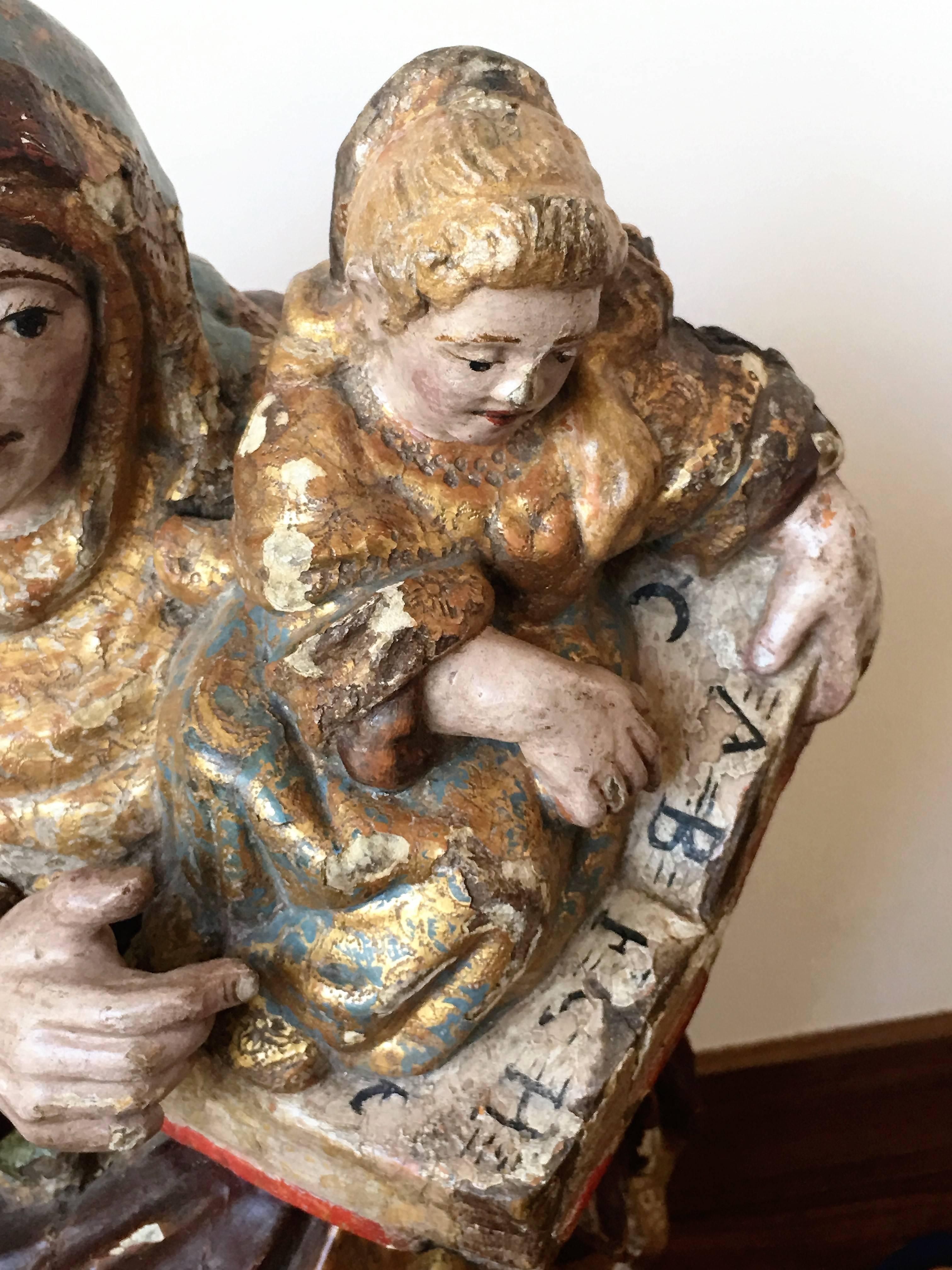 16th Century Spanish Carved & Polychrome Painted Saint Anne with the Infant Mary For Sale 3