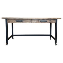 Pine Industrial Work or Desk Table with metal legs, drawers and wheels