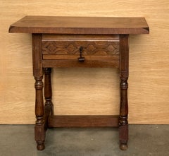 Antique Pair of Spanish Solid Walnut Nightstands with Hand-Carved Drawer Fronts