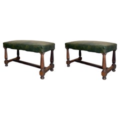 Pair of Antique Spanish Walnut Upholstered Stools with Green Leather Seats