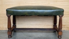 Pair of Antique Spanish Walnut Upholstered Stools with Green Leather Seats