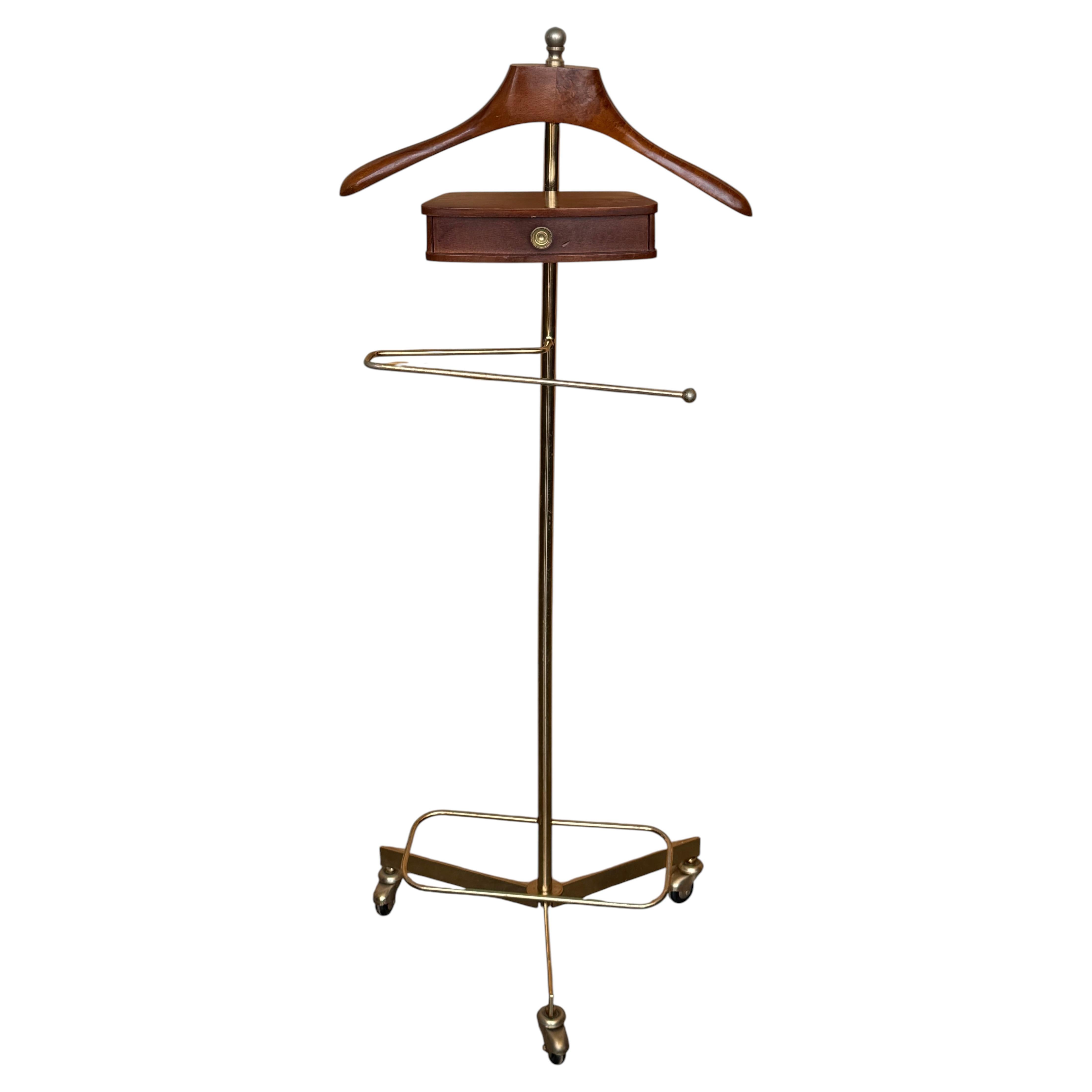 Vintage Brass & Walnut Gentleman's Valet Stand with Drawer and Trouser Rack