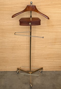 Vintage Brass & Walnut Gentleman's Valet Stand with Drawer and Trouser Rack