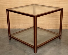 Mid-Century Modern Walnut Marquetry Side Tables with Double Glass Shelves