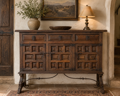 Antique Spanish Rustic Sideboard in Solid Wood with Hand-Forged Iron Hardware