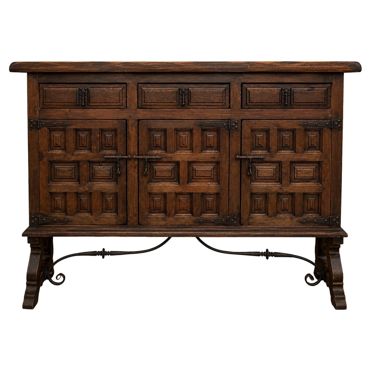 Antique Spanish Rustic Sideboard in Solid Wood with Hand-Forged Iron Hardware