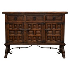 Antique Spanish Rustic Sideboard in Solid Wood with Hand-Forged Iron Hardware