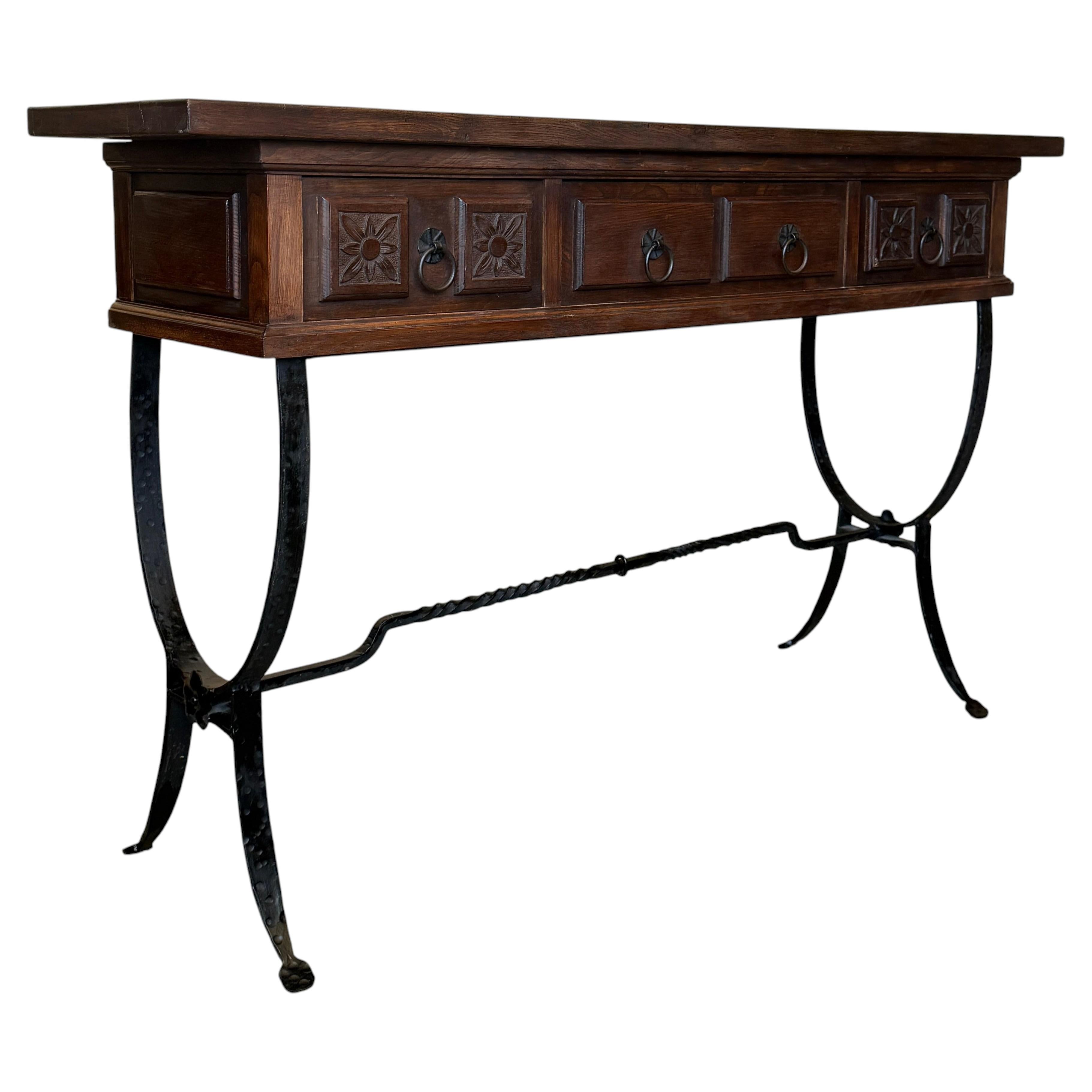 **Antique Spanish Carved Console Table with Hand-Forged Iron Base and Two Drawer For Sale