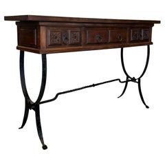 **Antique Spanish Carved Console Table with Hand-Forged Iron Base and Two Drawer