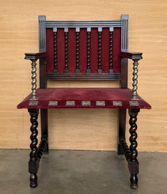Antique Spanish Barley Twist Armchair in Ebonized Wood with Velvet Upholstery