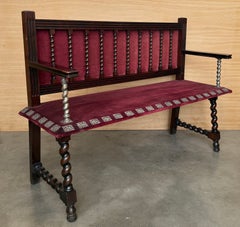 Antique Spanish Barley Twist Hall Bench with Burgundy Velvet Upholstery