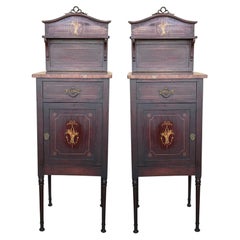 Antique Pair of French Marquetry Bedside Cabinets with Marble Tops, Late 19th