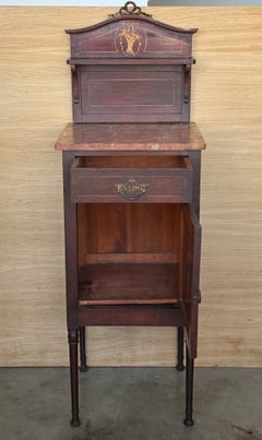 Antique Pair of French Marquetry Bedside Cabinets with Marble Tops, Late 19th