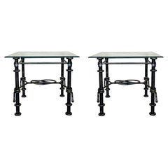 Pair of Vintage Hand-Forged Wrought Iron Side Tables with Glass Tops