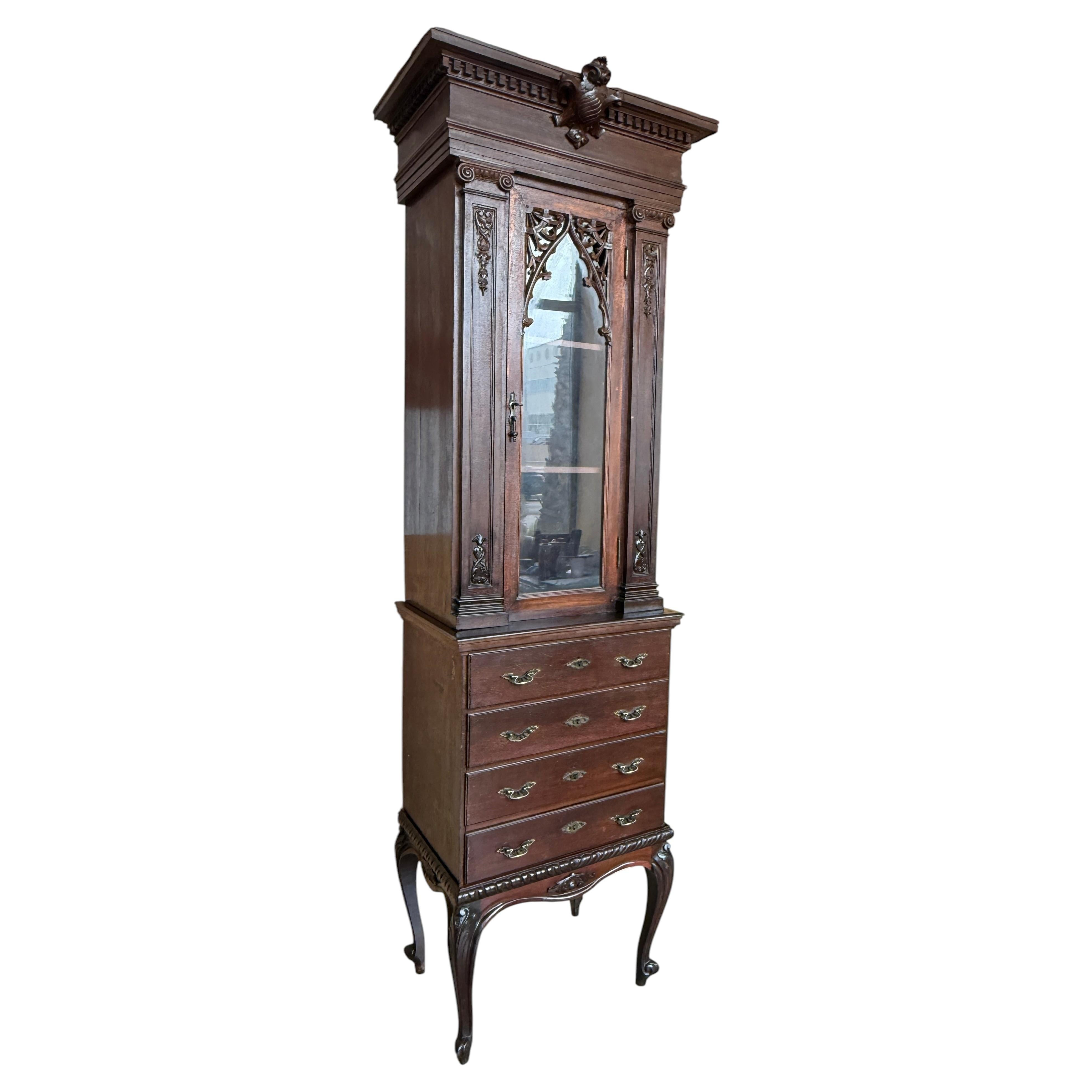 Antique Gothic Revival Mahogany Display Cabinet with Chest of Drawers For Sale